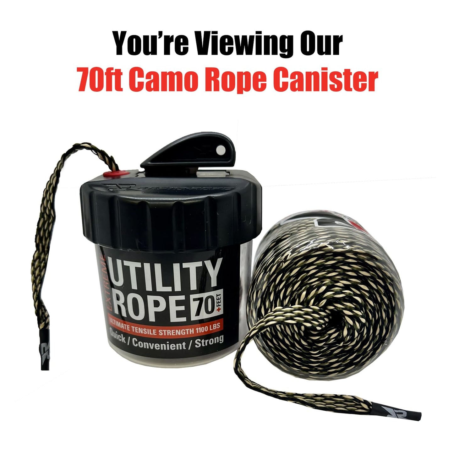 Rapid Rope Canister 70ft Camo Flat Tactical Paracord, Made in USA, 1100lb Tested Heavy Duty Poly Rope Test Cord, Non-Tangle Dispenser Included - Hiking, Camping, Survival, Utility, Climbing