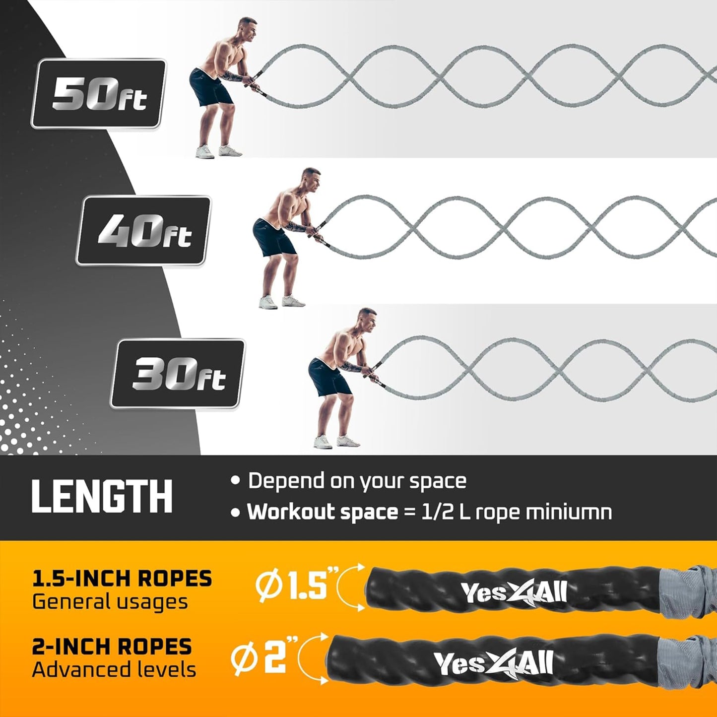 Yes4All Battle Rope with Protective Cover – Steel Anchor & Strap Included - Poly Dacron 1.5in - 40ft