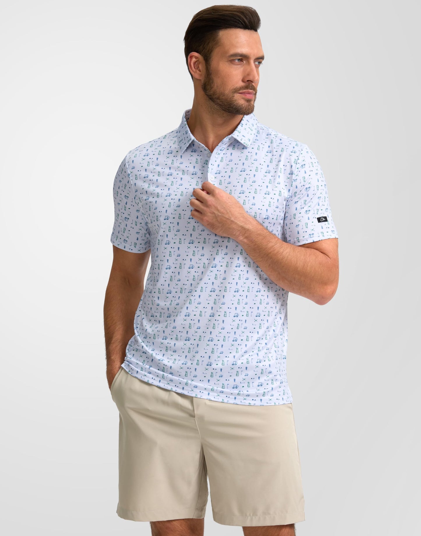 Obla Mens Golf Polo Shirts Short Sleeve Dry Fit Performance Moisture Wicking Casual Print Collared Golf Shirts for Men(White Golf Flag_L)