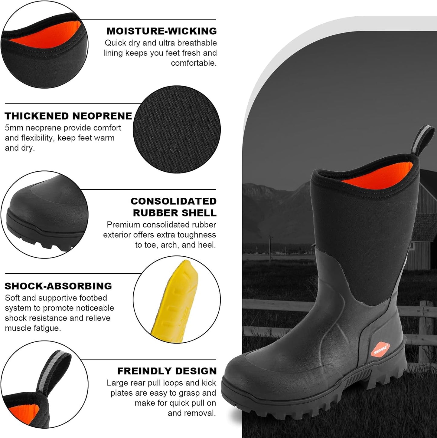 Men's Mid Calf Rubber Work Boots - Waterproof Insulated Mud Boots with Comfortable Sports Soles | Black