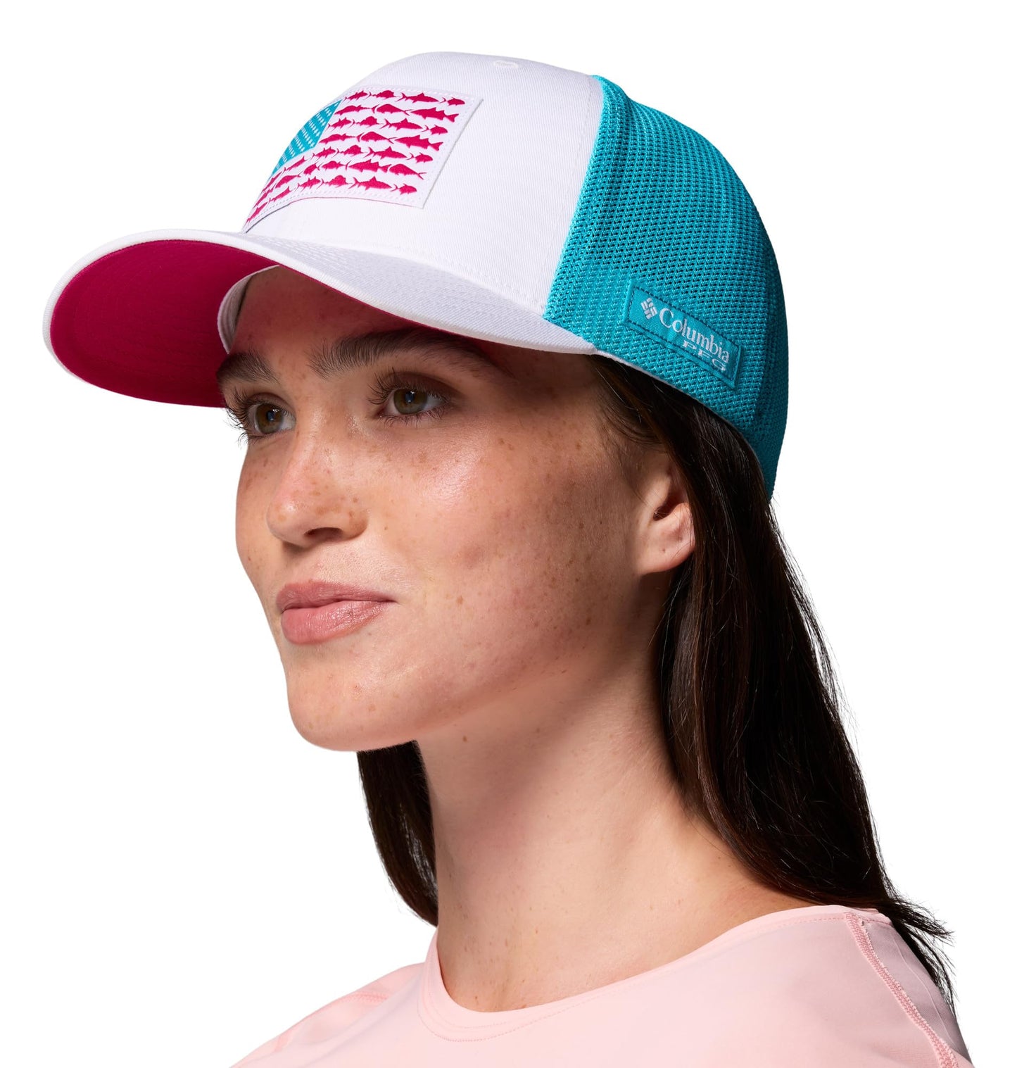 Columbia Unisex PFG Fish Flag Mesh Ball Cap, White/Guava Pink/Fish Flag, XX-Large