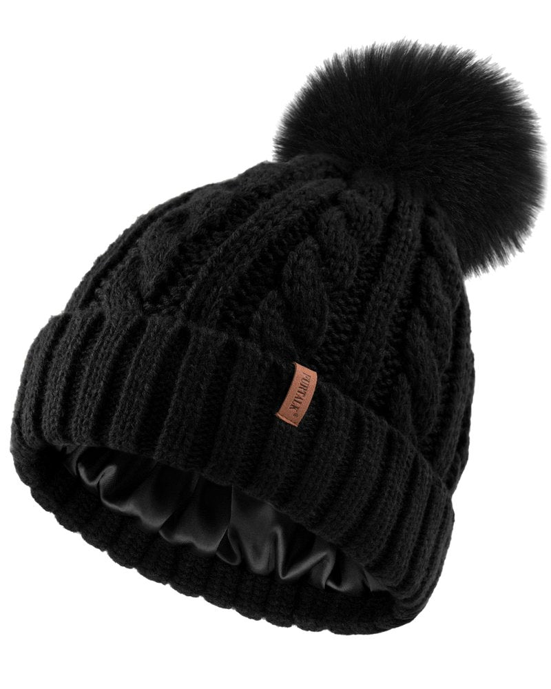 FURTALK Satin Lined Winter Hats for Women Men Knit Beanie Hat Warm Pom Pom Cap Black