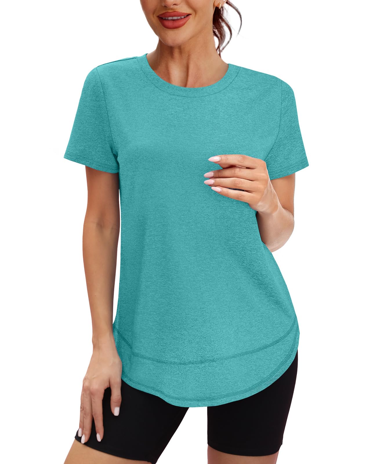 Spring Summer Tops for Women Short Sleeve Hiking Shirts Athleisure Golf Shirt Beach Fashion Curved Hem Loose Fit Teal 2XL