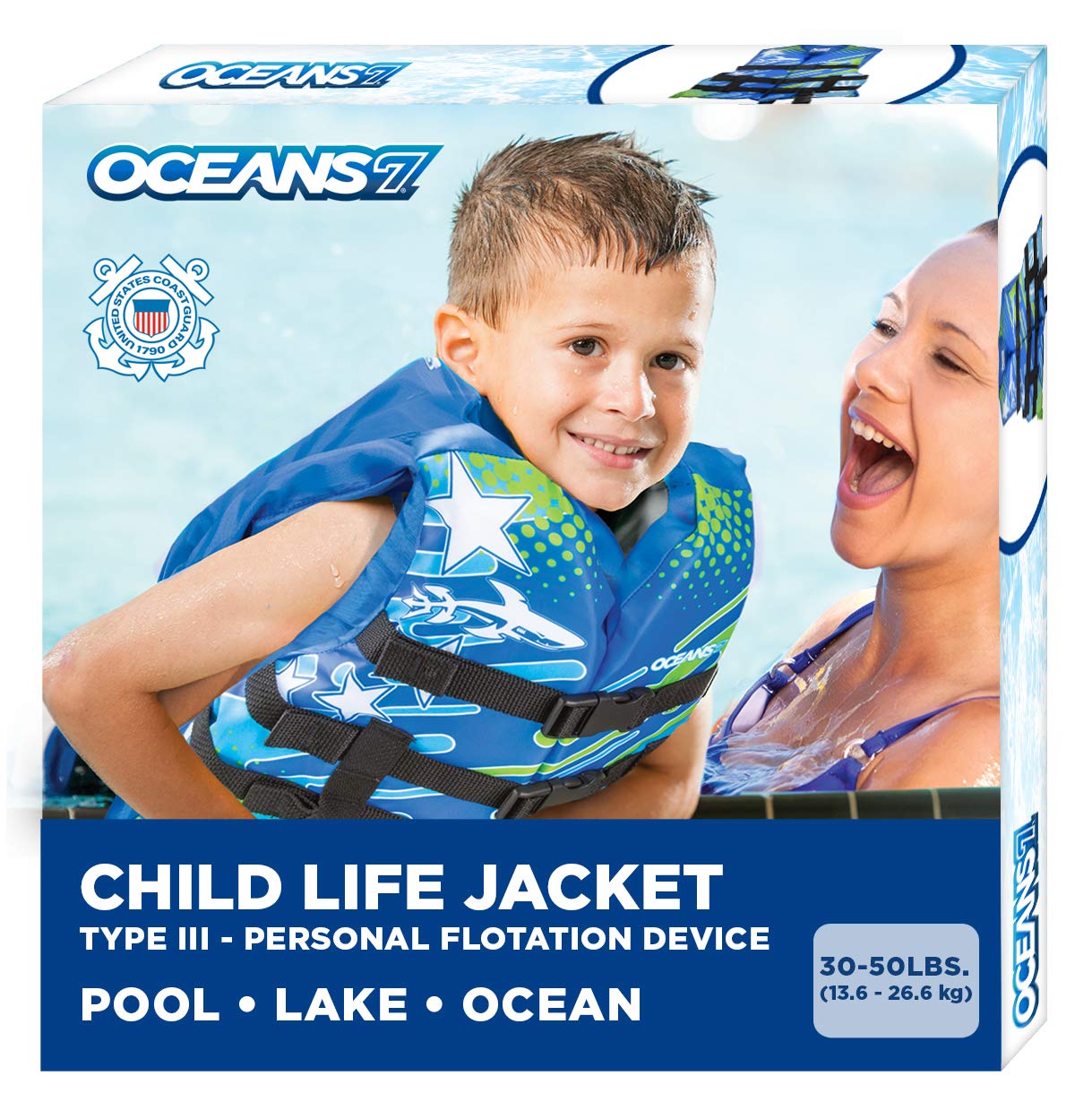 Oceans7 US Coast Guard-Approved, Type III – Kids Life Jacket – Personal Flotation Device with Comfortable Flex-Form-Fit Open-Sided Design – Blue/White