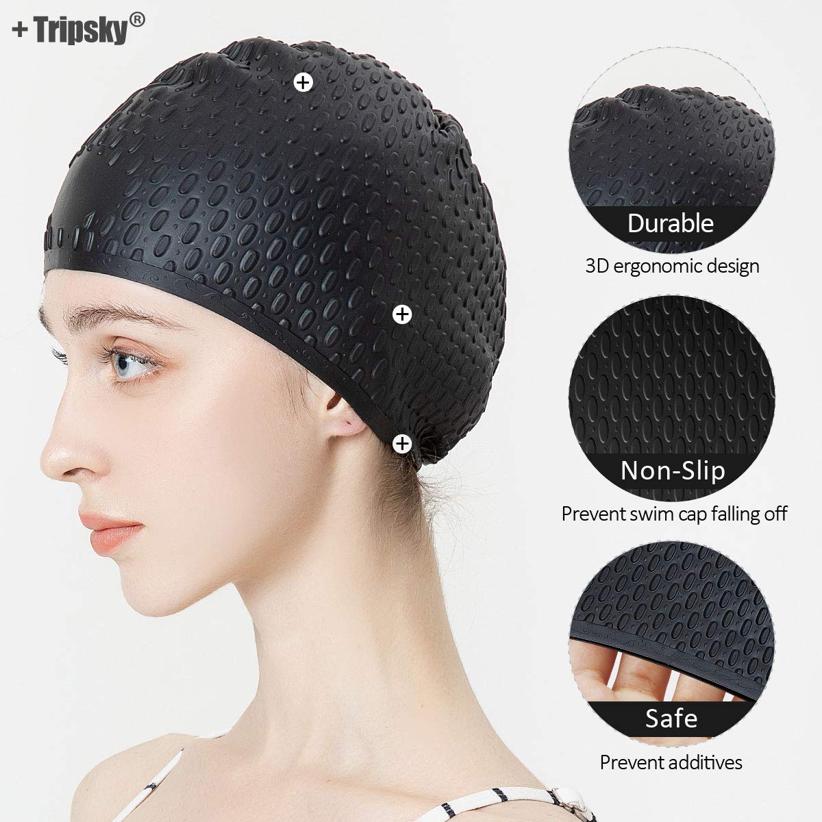 Tripsky Silicone Swim Cap,Comfortable Bathing Cap Ideal for Curly Short Medium Long Hair, Swimming Cap for Women and Men, Shower Caps Keep Hairstyle Unchanged (Black)