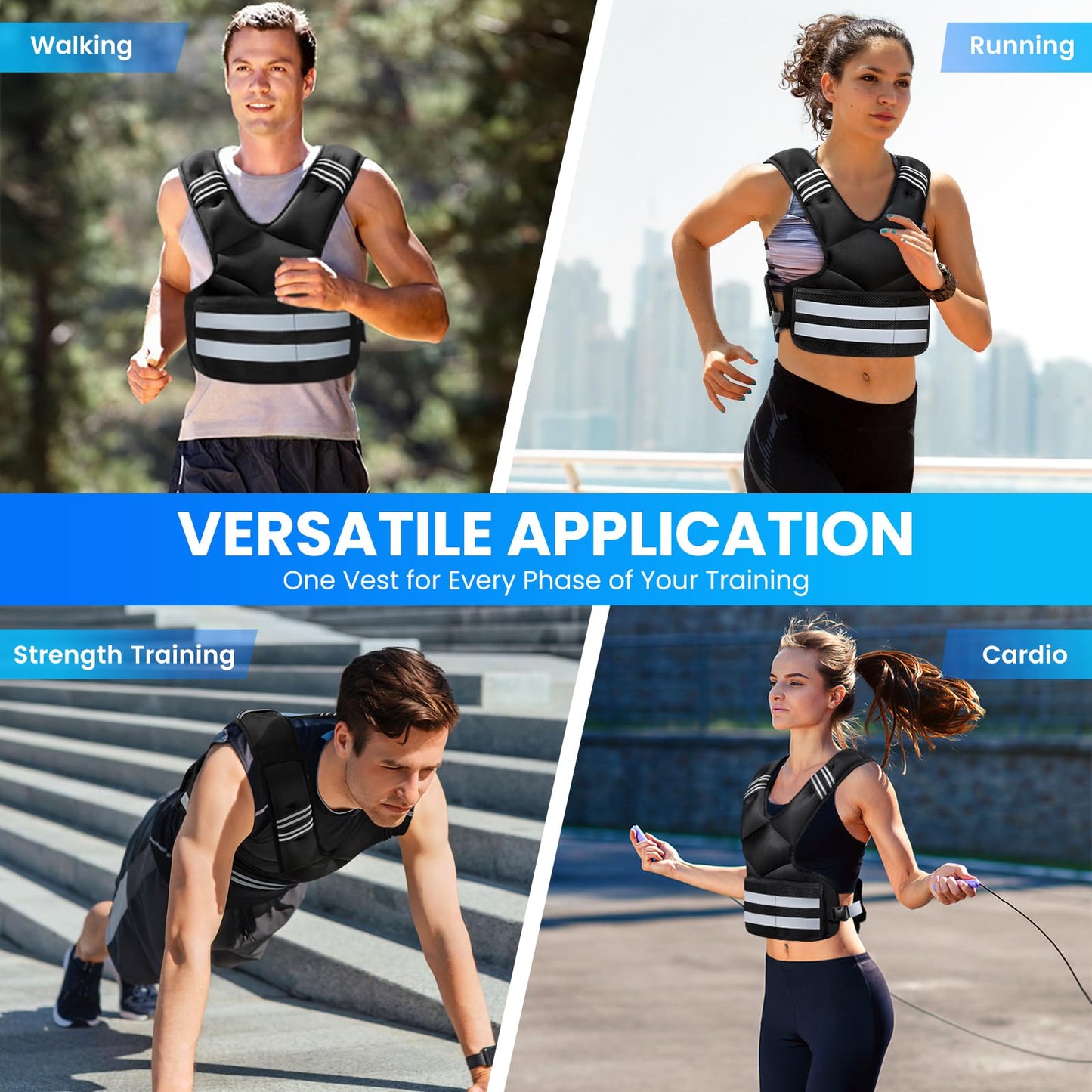 Adjustable Weighted Vest for Women and Men, 11-18lb Rucking Vest with 6 Ironsand Weights, Reflective Stripe and Storage Pocket for Running, Workouts, Strength Training