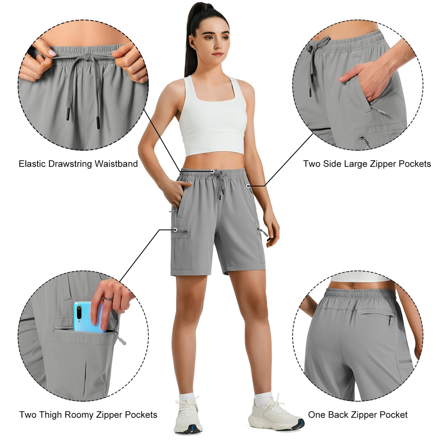 Hugut Women's Lightweight Hiking Cargo Shorts Quick Dry Athletic Shorts Camping Travel Golf Zipper Pockets Water Resistant