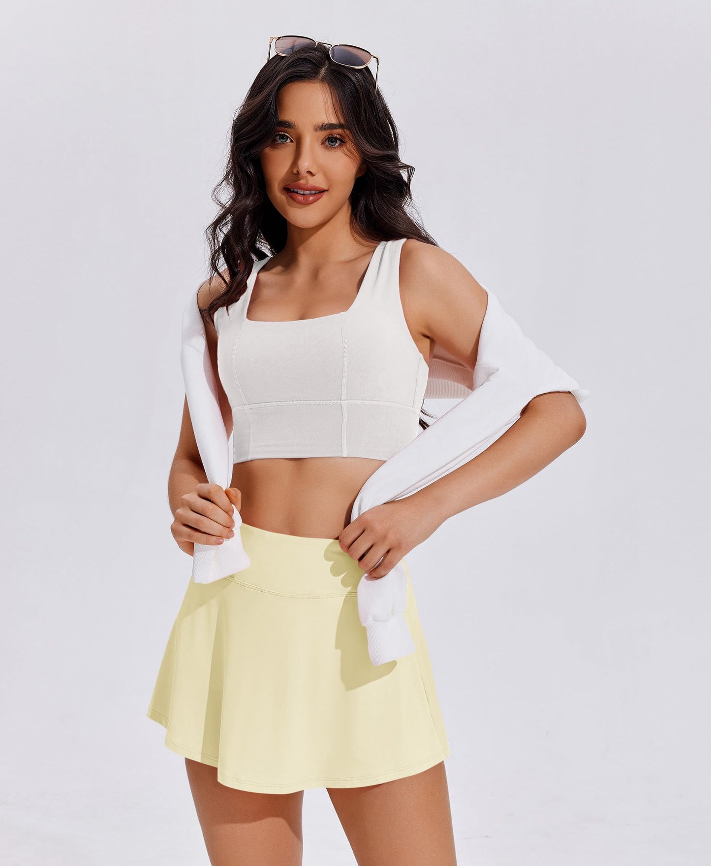 PINSPARK Skorts for Woman UV Protection Tennis Skirt High Waisted Golf Skort with Pockets Strecth Pickleball Skirts, Butter Yellow XX-Large