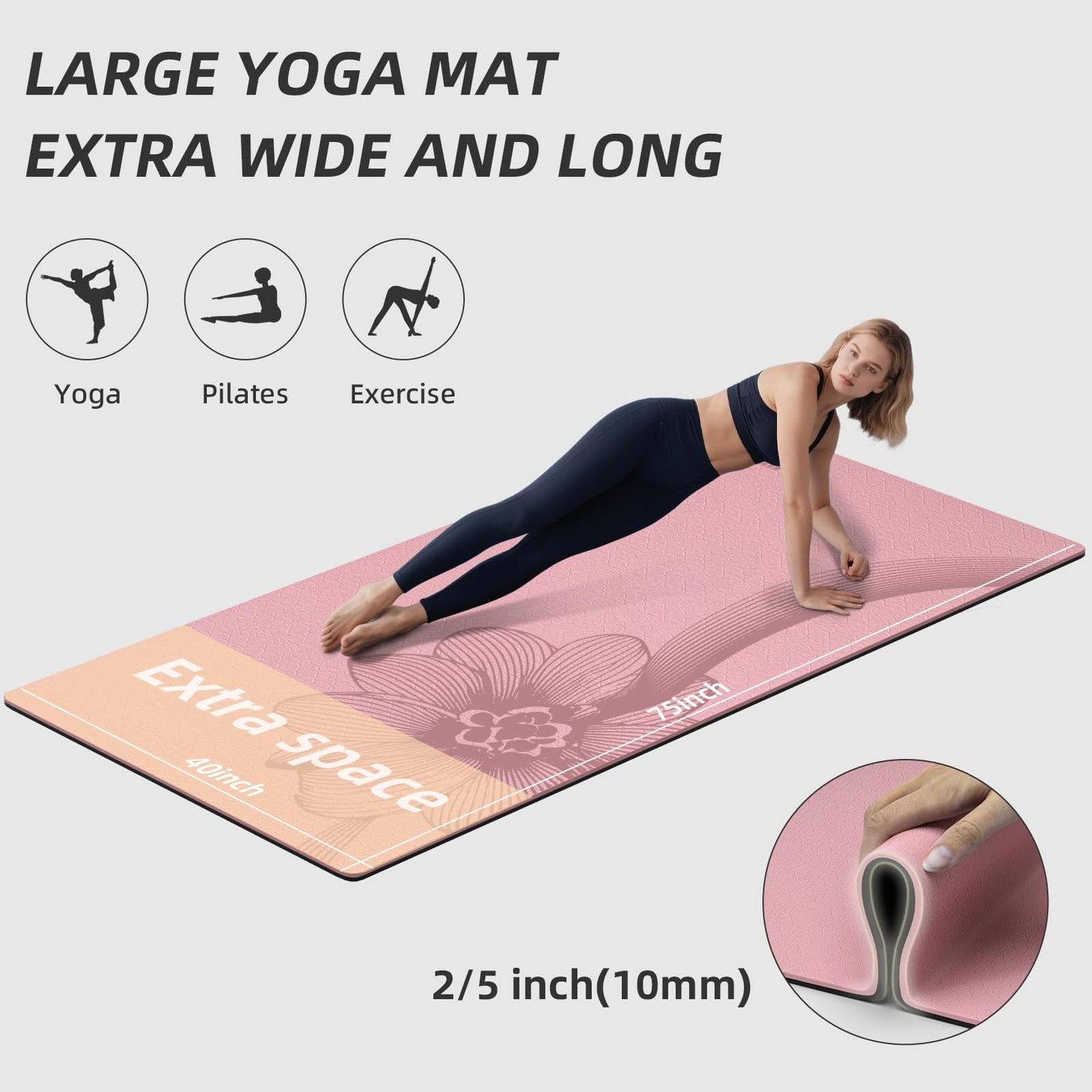 WUWAN Large Exercise Mat | 10mm Thick TPE Non-slip Gym Mats, Carrying Strap