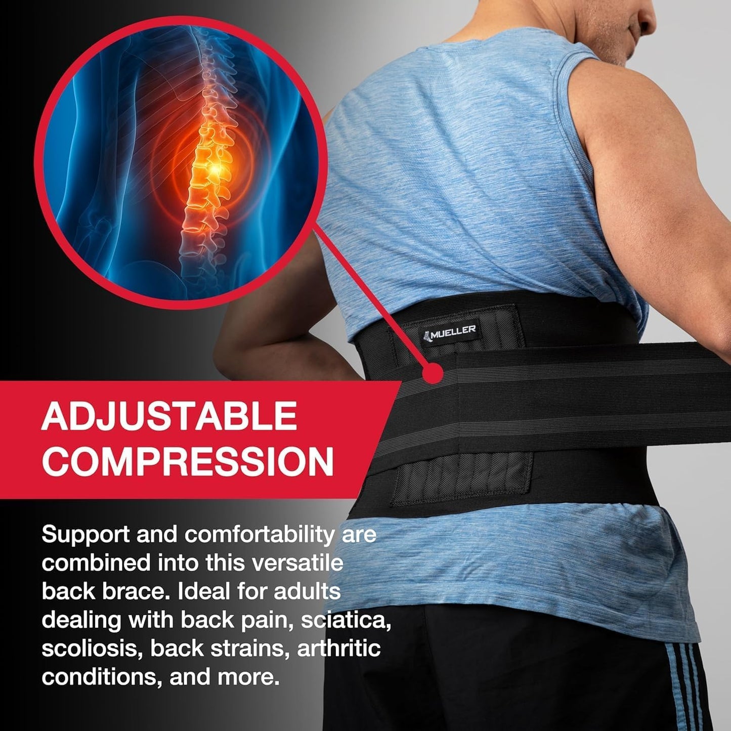MUELLER Adjustable Back Brace for Pain Relief | Support for Upper & Lower Back, Sciatica, Scoliosis - Black