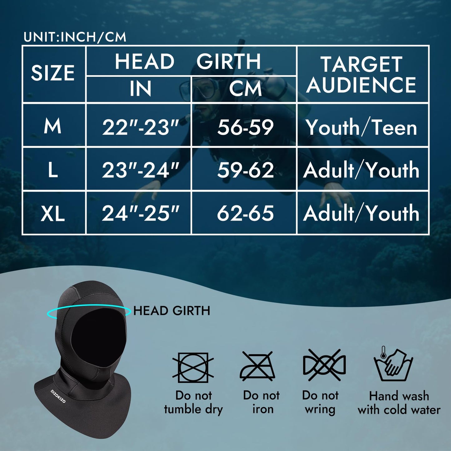 Dizokizo Diving Scuba Hood 3mm Thermal Neoprene Wetsuit Hood for Men Women Wetsuit Hat Cap for Kayaking Snorkeling Sailing Water Sports with Flow Vent (L)