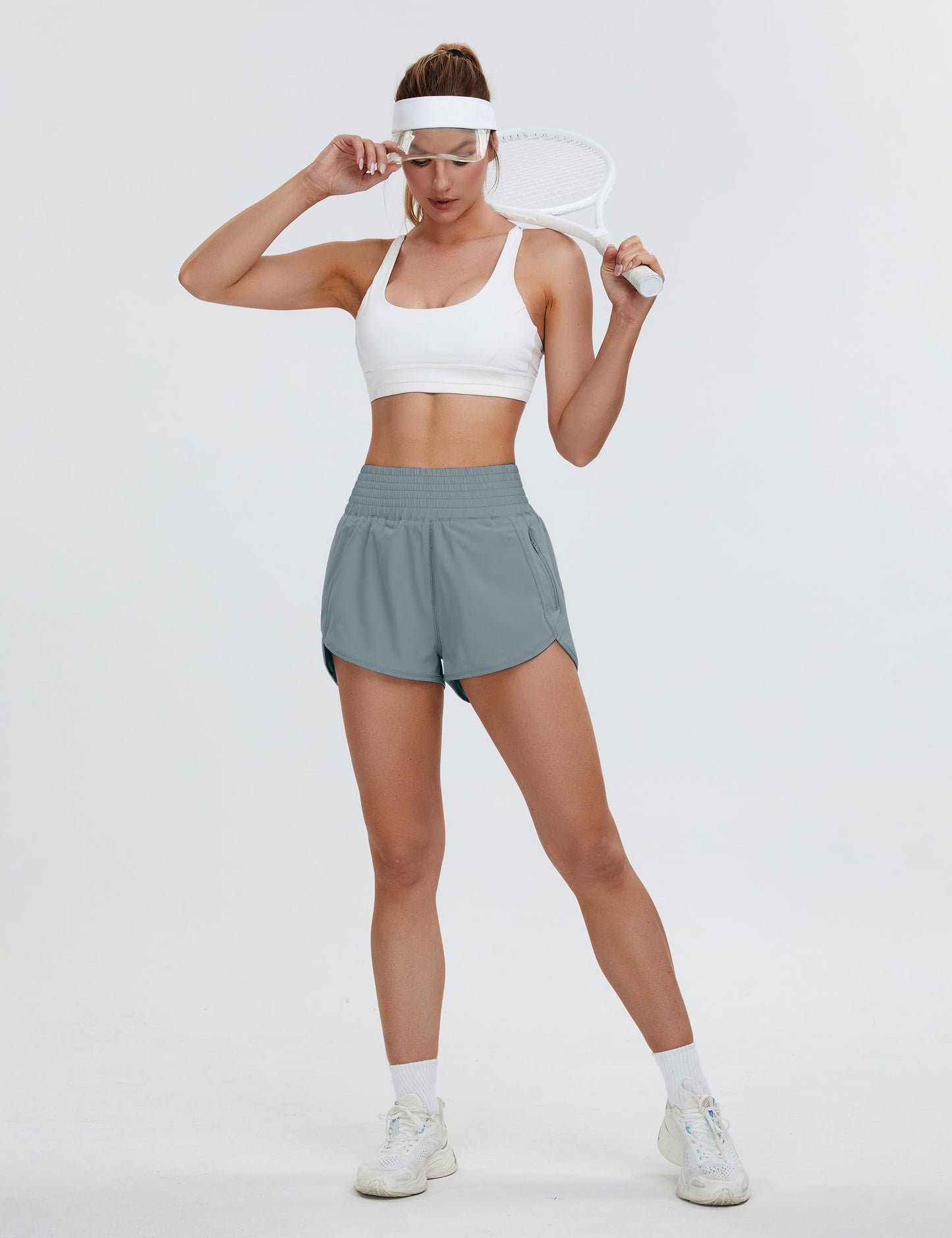 BMJL Women's High Waisted Athletic Shorts Pocket Workout Shorts Gym Sporty Running Shorts(XS,Denim Blue371)