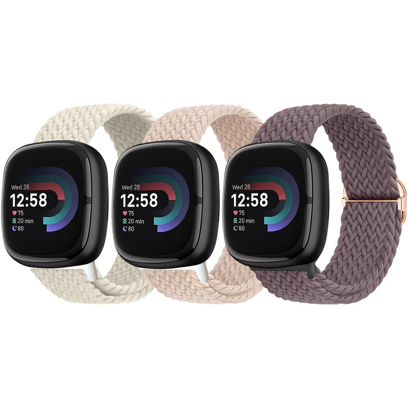 Yeahxing Braided Bands for Fitbit Versa-4/Versa 3/Sense 2/Sense - 3 Packs Adjustable Elastic Nylon Sport Replacement Strap Stretchy Fabric for Women & Men, Wrist 5.5"-9.1"
