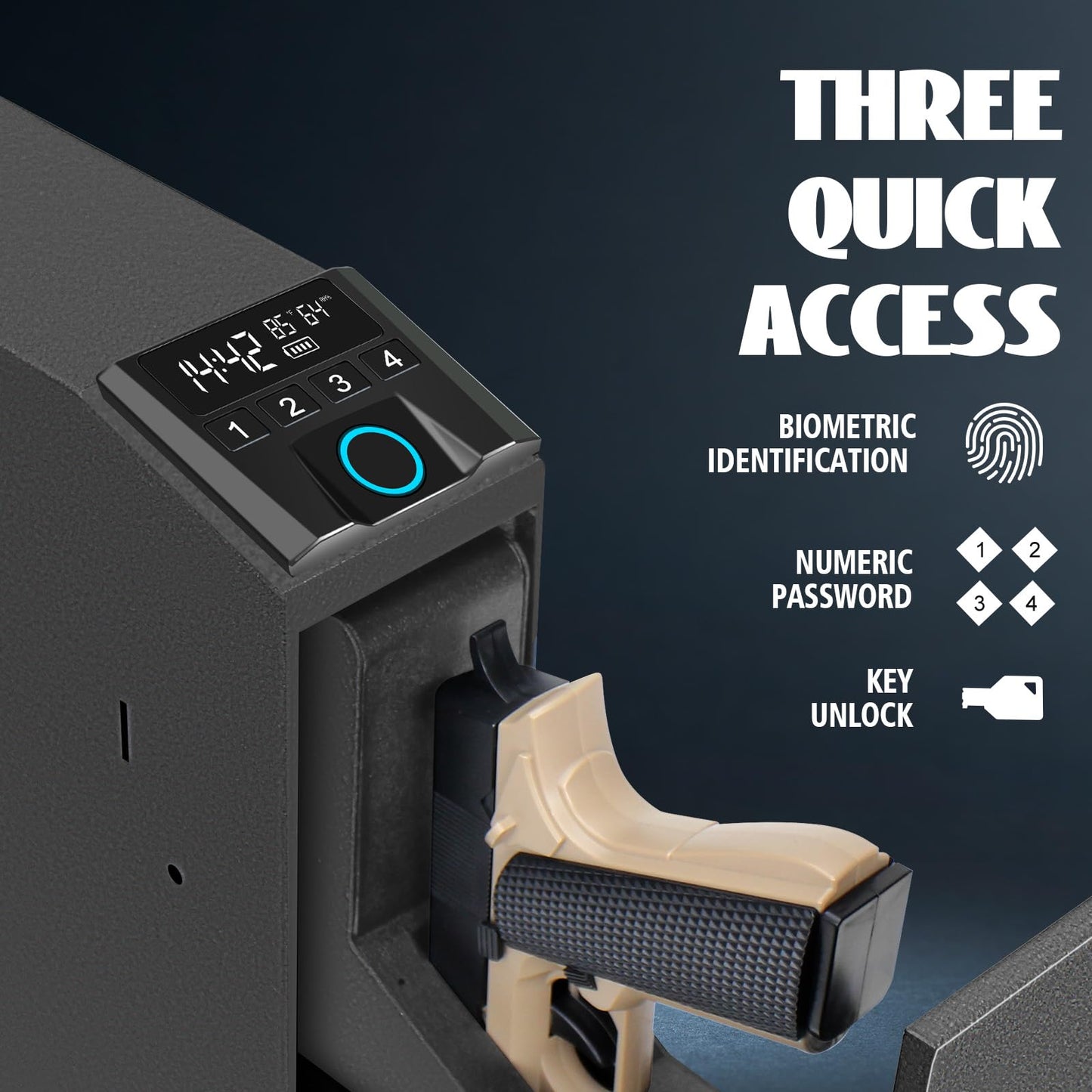 Slider Hidden Handgun Safe, Biometric Fingerprint Smart Pistol Safe for Nightstand, Desk, Bedside - Auto Sliding Door- Fingerprint, PIN Code, KEY Access (Classic)