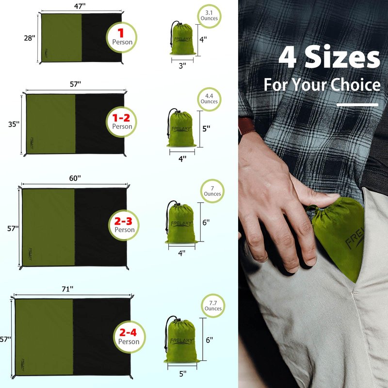 Frelaxy Pocket Picnic Blanket, Waterproof Sandproof Beach Mat, Compact Camping Tarp for Festivals, Hiking, Travel, Outdoor Recreation (Army Green, 57'' x 60'')