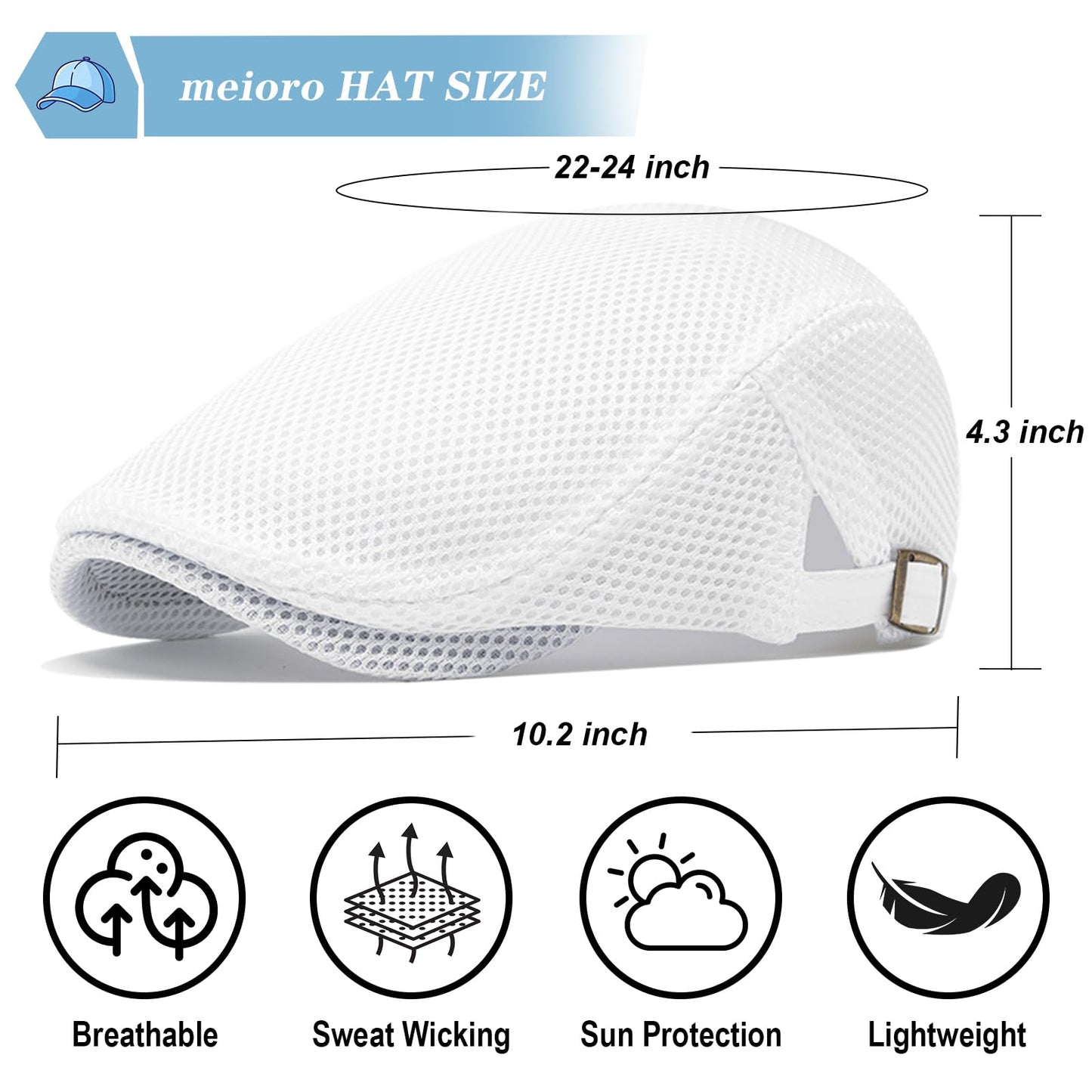 meioro Mens Breathable Mesh Summer Hat Adjustable Flat Cap Newsboy Beret Ivy Cap Irish Cabbie Fishing Hats（White）