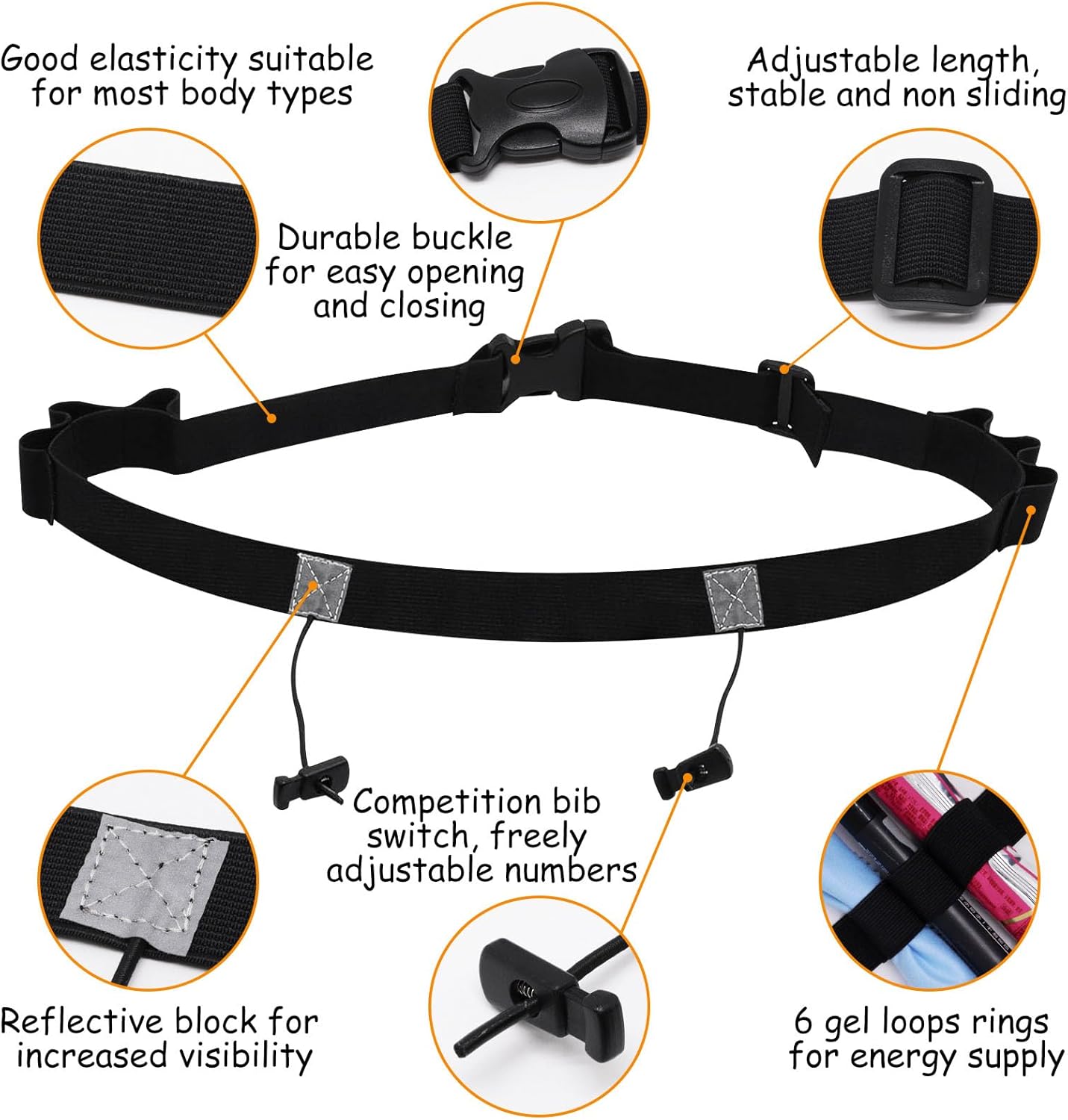 Race Number Belt - 2-Pack Bib Belts with 6 Energy Gel Loops | No Safety Pins for Marathon & Triathlon Running