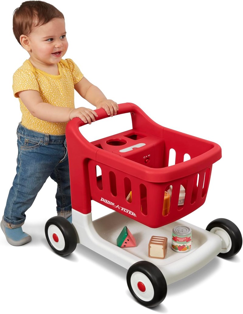Interactive Baby Walker - Radio Flyer Scan & Sort Shopping Cart for Kids 1+ | Red with Lights & Play Food Items