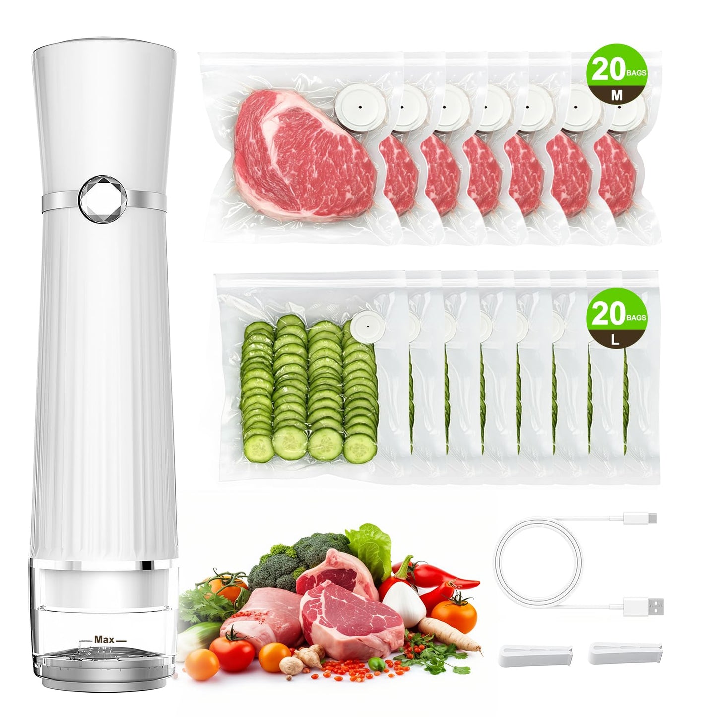 Vacuum Sealer for Food (Compact Vacuum Sealer Machine + 40 Reusable Vacuum Bags), 80Kpa Rechargeable Handheld Vacuum Sealer, Cordless & Portable for Meal Prep, Food Storage, Travel & Kitchen