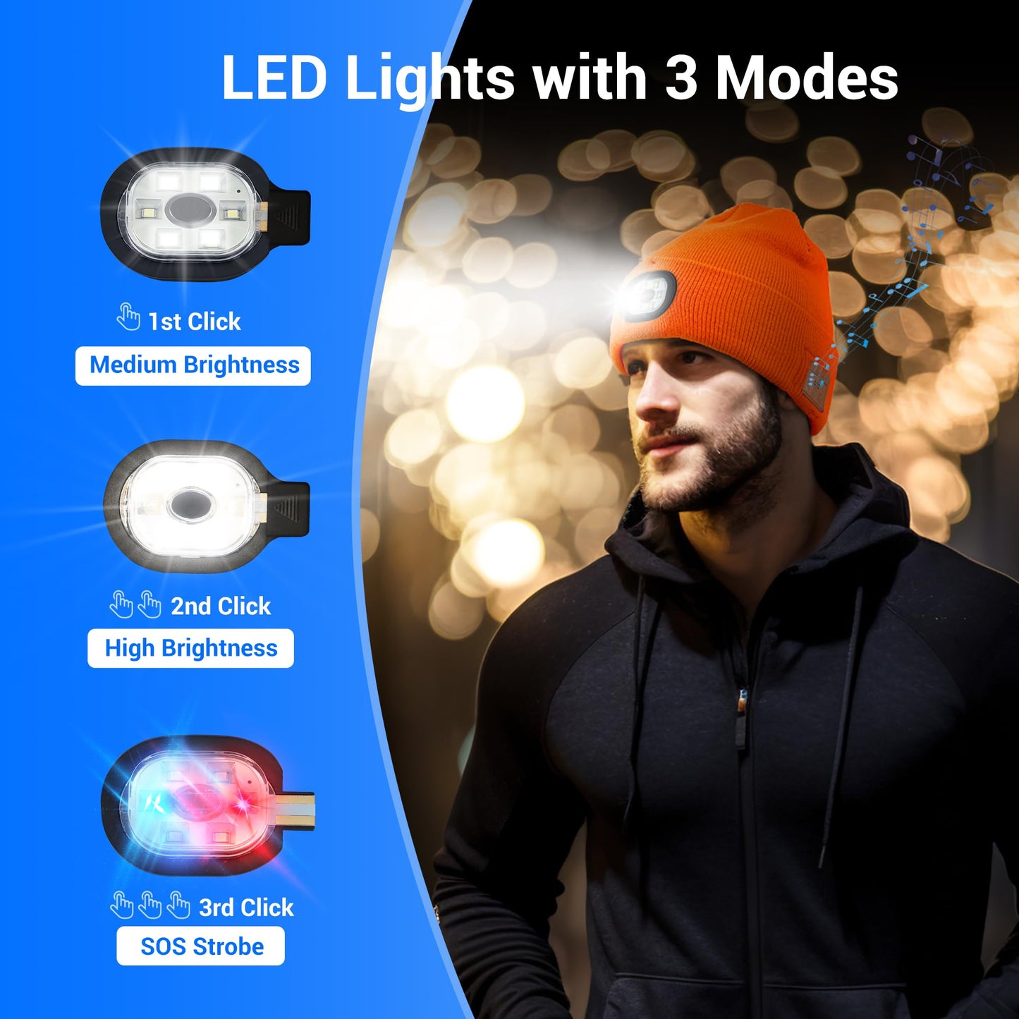 Yontune Bluetooth Hat with Light, Unisex USB Rechargeable 6 LED Headlamp Beanie Cap with Headphones Winter Lighted Beanie for Outdoor Sports Orange