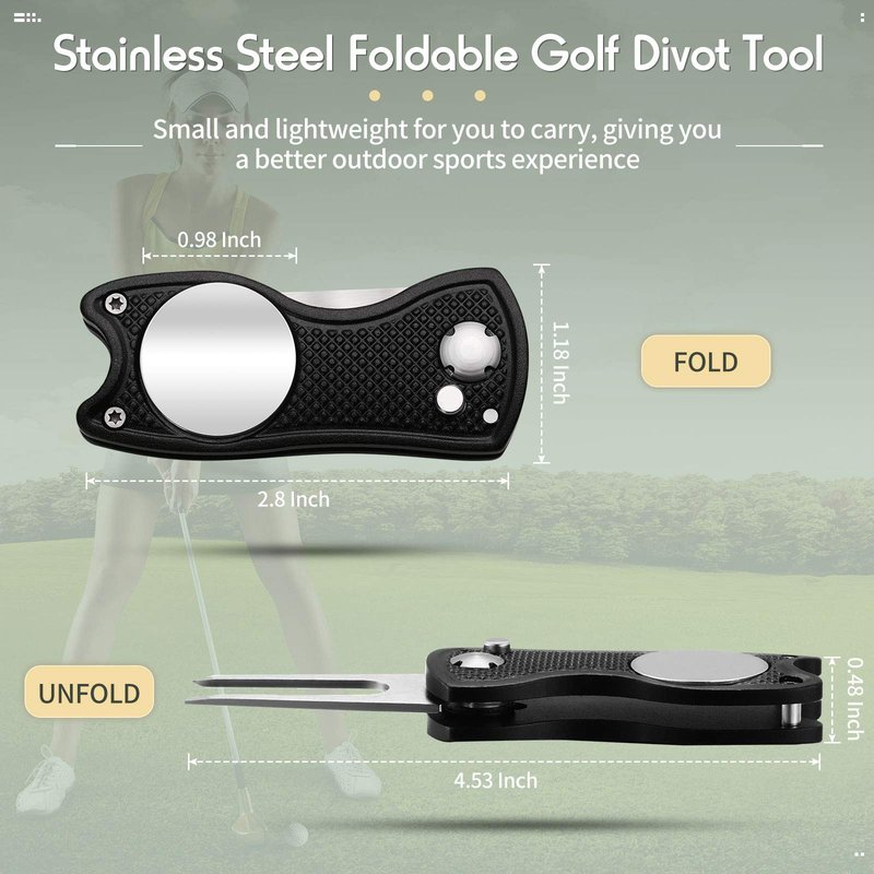 Skylety 4 Pcs Golf Divot Repair Tool Metal Foldable Golf Divot Tool with Magnetic Pop-up Button Ball Marker Stainless Steel Switchblade for Golfers Prizes(Red, Silver, Gray, Black)