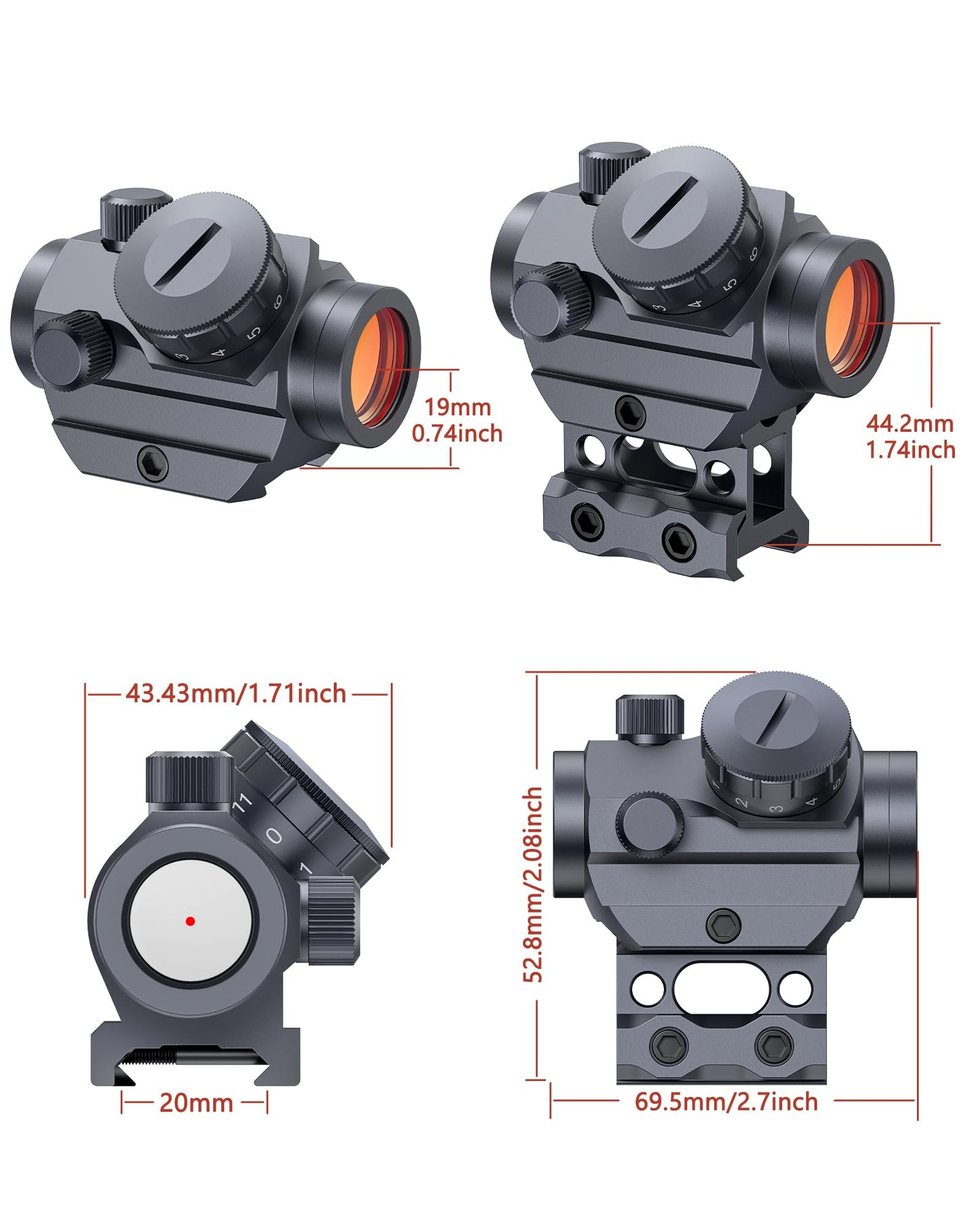 MidTen 2MOA Red Dot Sight 1x25mm Reflex Sight Waterproof & Shockproof & Fog-Proof Red Dot Scope, Riflescope with 1 inch Riser Mount,Grey