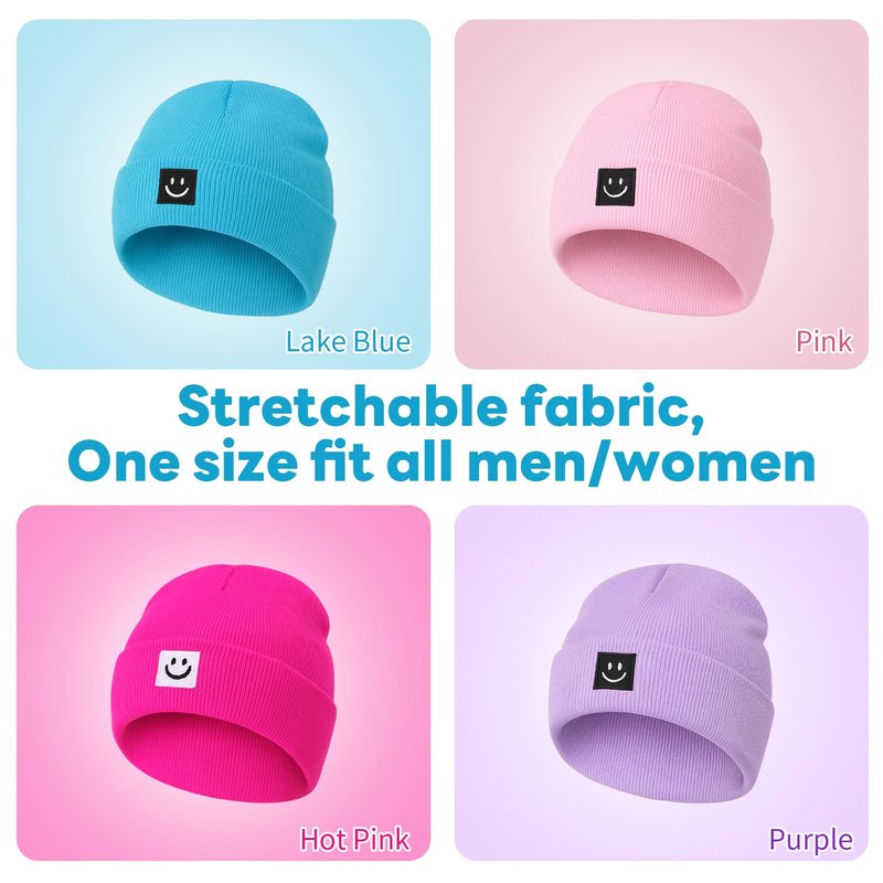 Fingertip WD Knit Beanie Hat with Smile Face for Men Women Winter Warm Soft Slouchy Skull Cap(Pink,Hot Pink,Purple,Blue)