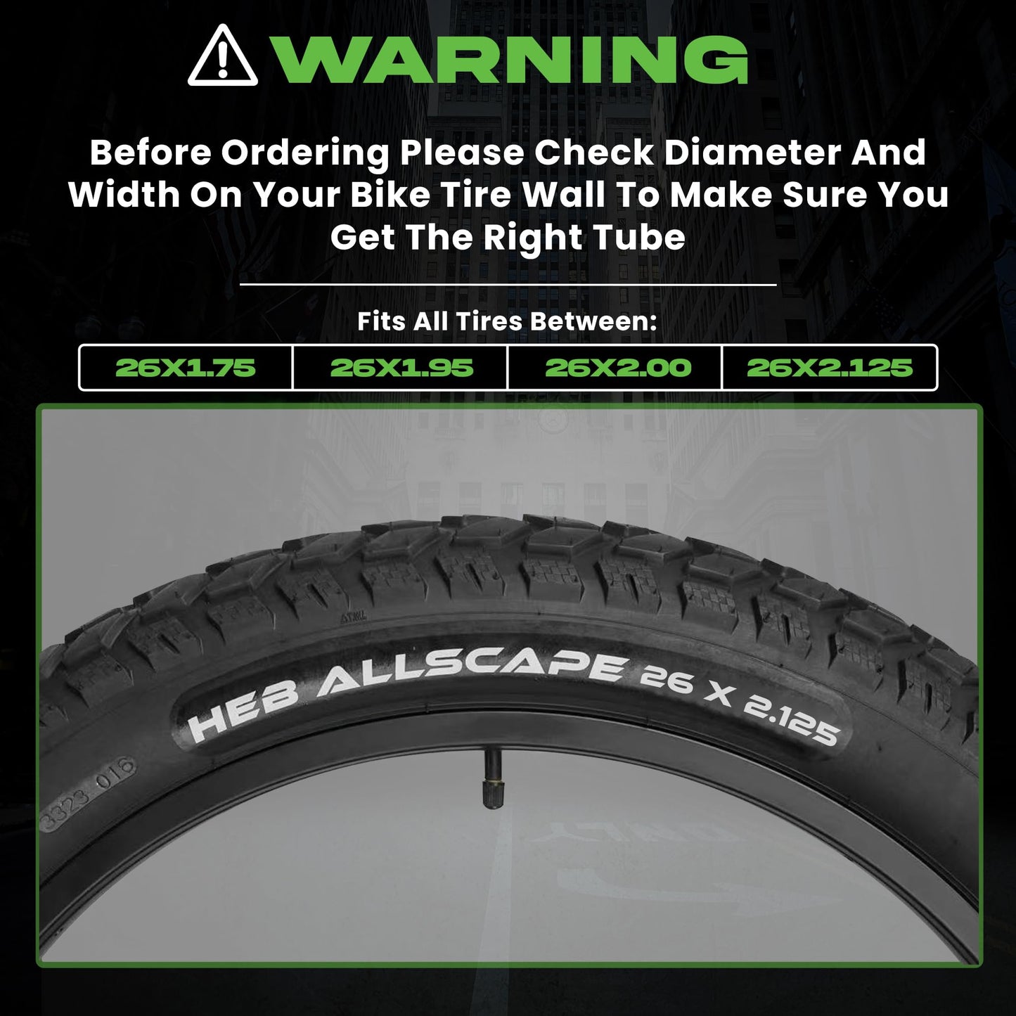 HEB 26" Bike Inner Tubes 26 x 1.75, 1.95, 2.10, 2.125 – Butyl Rubber Bicycle Tubes with Schrader Valve – Compatible with Cruiser, Mountain, City & Kids Bikes – Set of 2