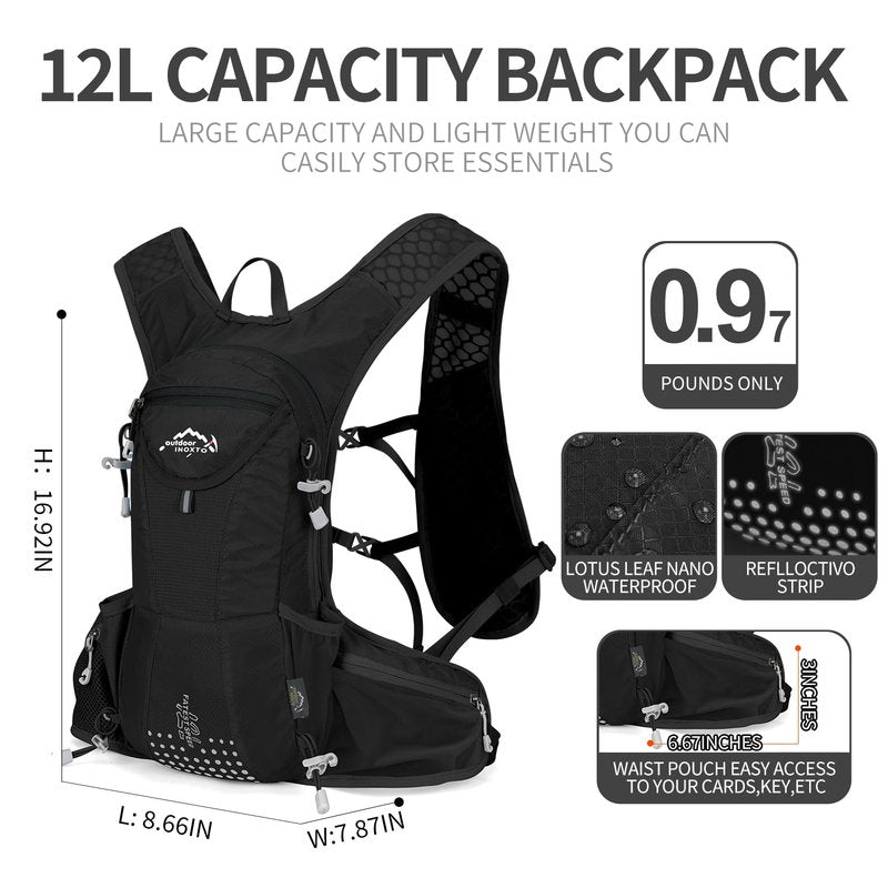 IX INOXTO Hydration Pack Backpack, Lightweight Water Backpack with 2L Hydration Bladder Daypack for Men Women,Running Hydration Vest for Trail Running Hiking Cycling Race Climbing (All Black)