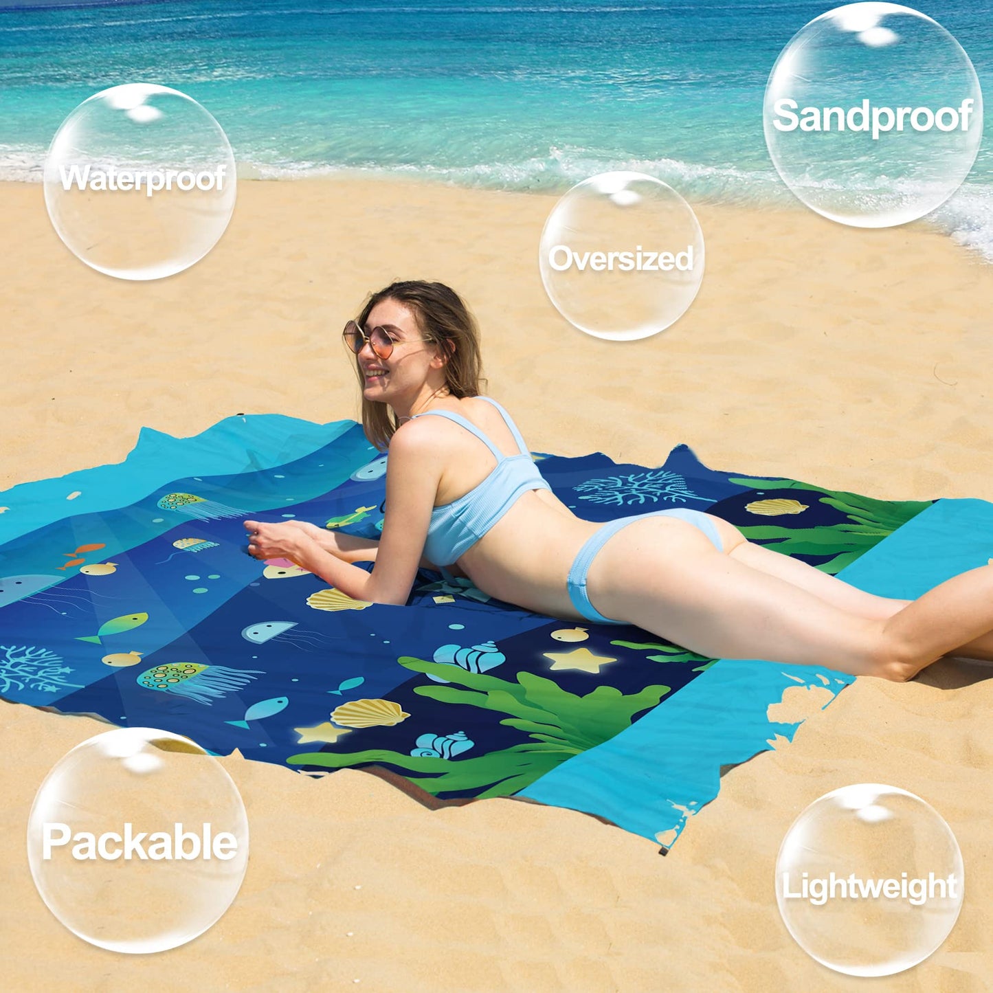 BYDOLL Beach Blanket 10'×9' 1-8 Adults Oversized Lightweight Waterproof Sandproof Beach Blanket Large Picnic Mat Beach Blanket for Beach Travel Camping Hiking Picnic