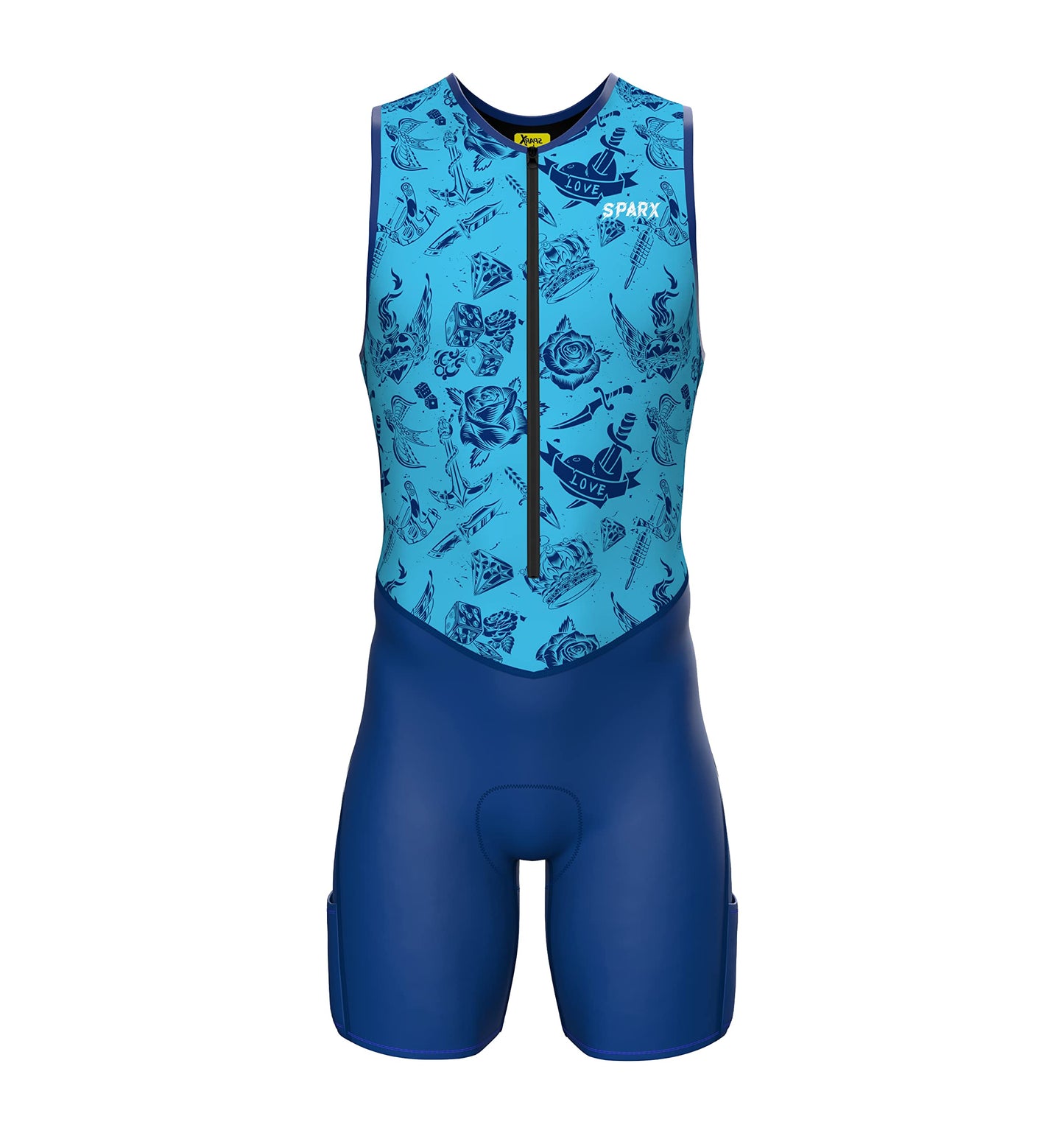 Sparx Men's Premium Triathlon Suit – Padded, Quick-Dry, Compression Fit, Lightweight Tri Suit for Swim, Bike, Run Race & Training (3XL, Blue Tattoos)