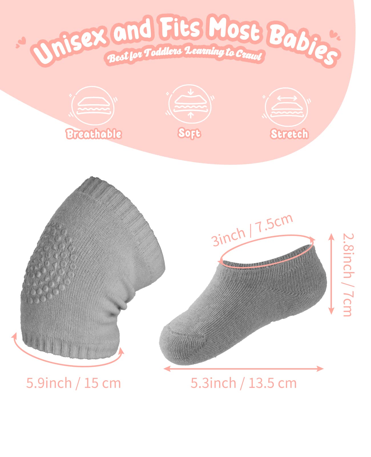 BOSONER Baby Crawling Anti-Slip Knee and Socks for Boys And Girls Best Infant Gift, Unisex Baby Toddlers Kneepads (Blue Pink Grey) 6-24 Months