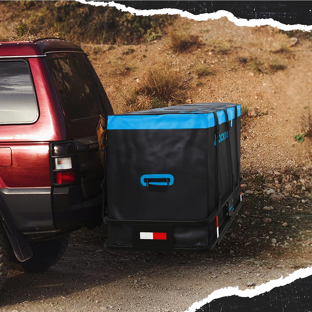 Mockins 25 Cu Ft Large Trailer Hitch Cargo Carrier Bag | 60"x24"x31" Waterproof Cargo Bag for Hitch Carrier & Truck Bed | Weatherproof Vinyl Vehicle Soft-Shell Carriers Set w/Straps, Lock & Carry Case