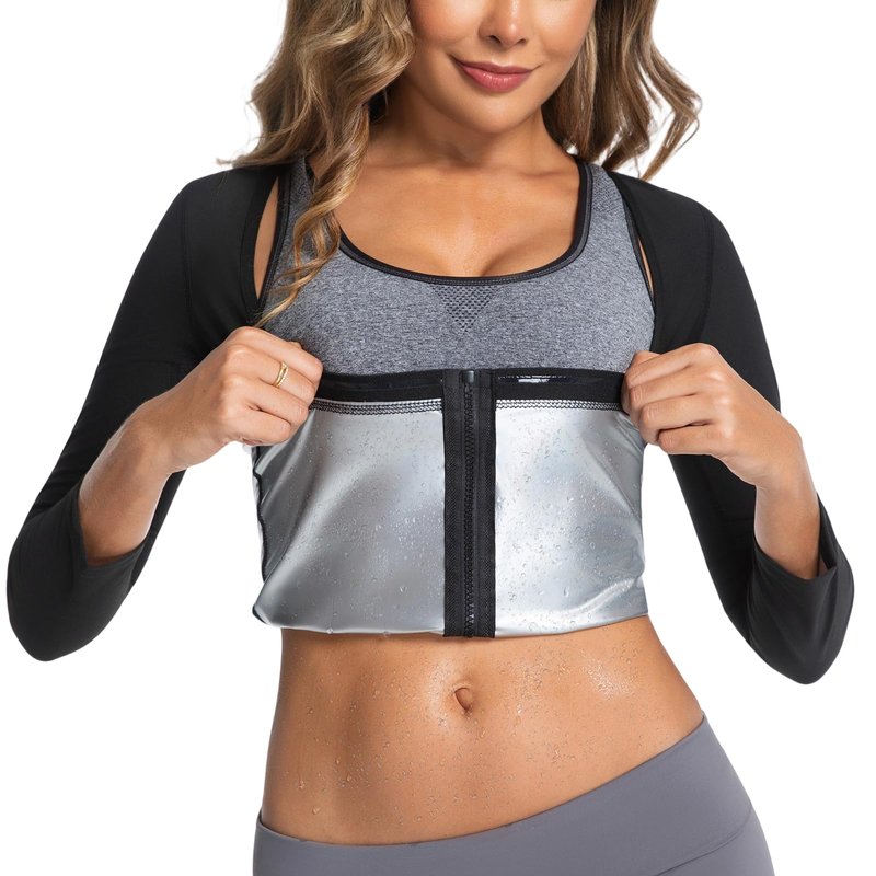 Towintec Sauna Suit for Women Heat Trapping Long Sleeve Sweat Suit Belly Fat Weight Loss Compression Shirts Waist Trainer Workout Body Shaper Tops with Zipper for Athletic Sports Training(Silver,L)