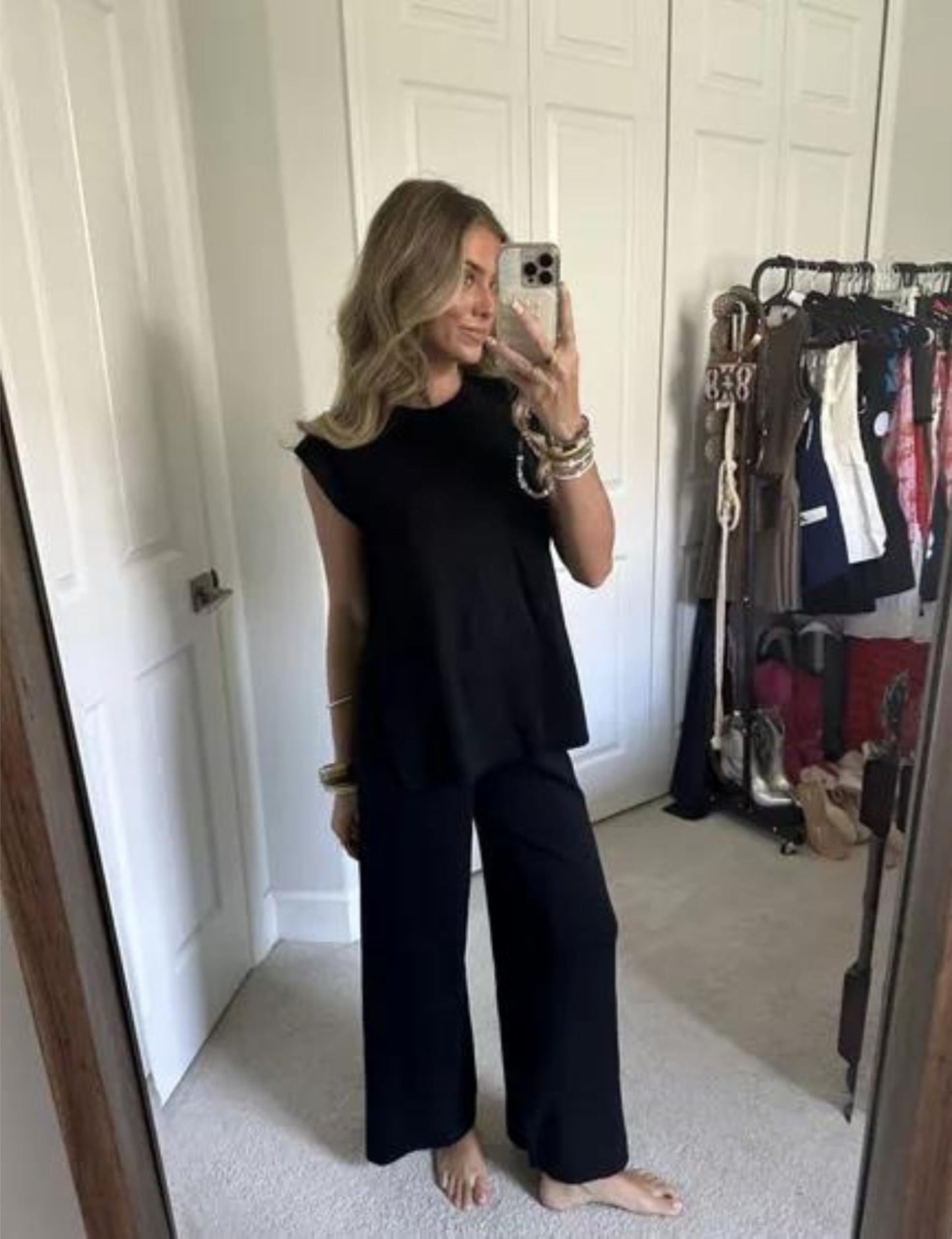 Lviefent Womens 2 Piece Outfits Sweater Set Sleeveless Side Slit Pullover Top Knit Wide Leg Pants Lounge Matching Sets (Black-L)