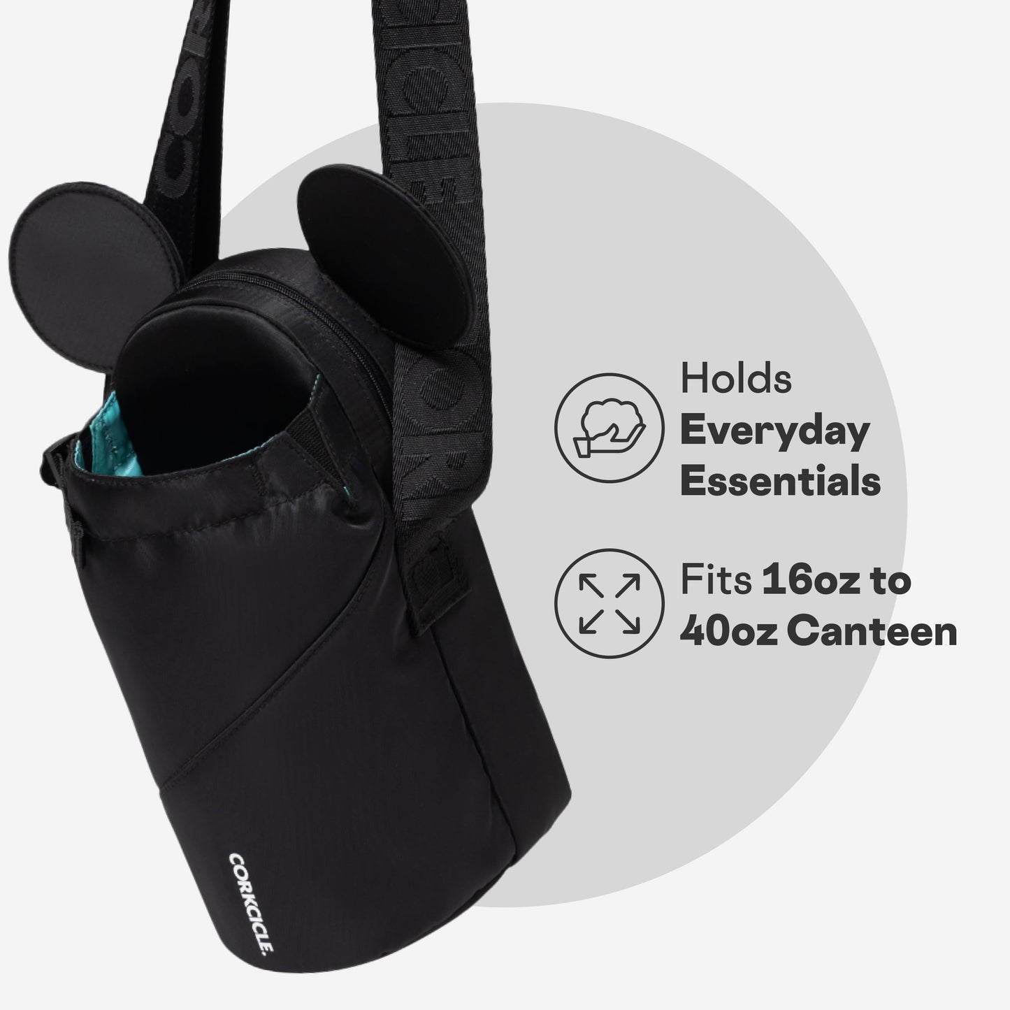 Corkcicle Crossbody Water Bottle Sling Bag - Adjustable Strap - Padded Interior Pocket - Fits 16 oz to 40 oz Tumblers - Summer Drinkware Gift - Black Minnie Mouse Ears