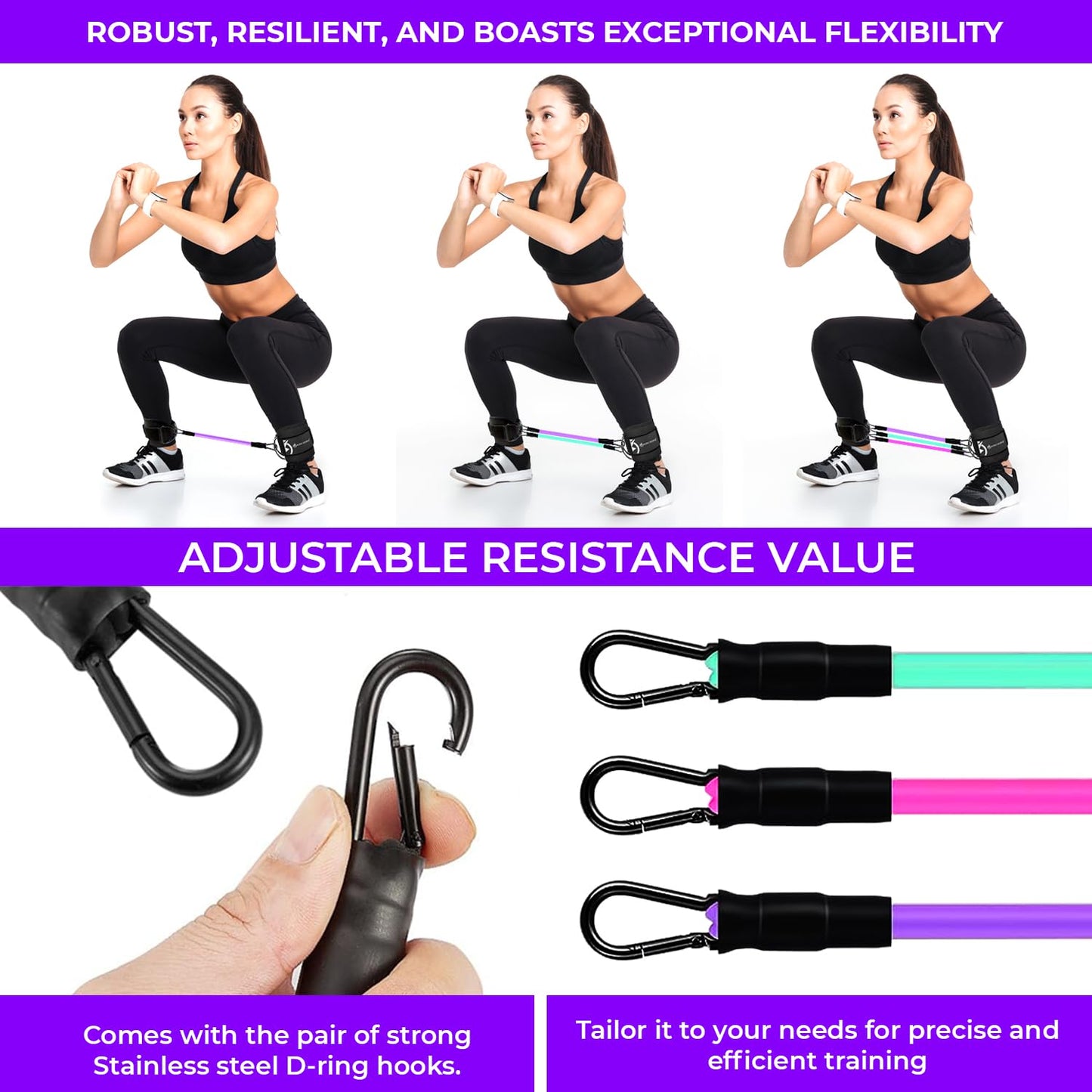 INTENT SPORTS Ankle Resistance Bands - with Cuffs, Ankle Bands for Working Out, Leg Butt Workout Equipment for Kickbacks Hip Gluteus Training Exercises | 60LB Resistance Strap Bands for Men & Women |