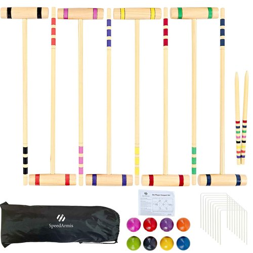 SpeedArmis 28In Croquet Party Set for 8 Players - Made of Long-Lasting Pine Wood, Family Fun for Backyards, Camping and More, Comes with Colorful Mallets, PE Balls, Wickets, Stakes, and Carrying Bag