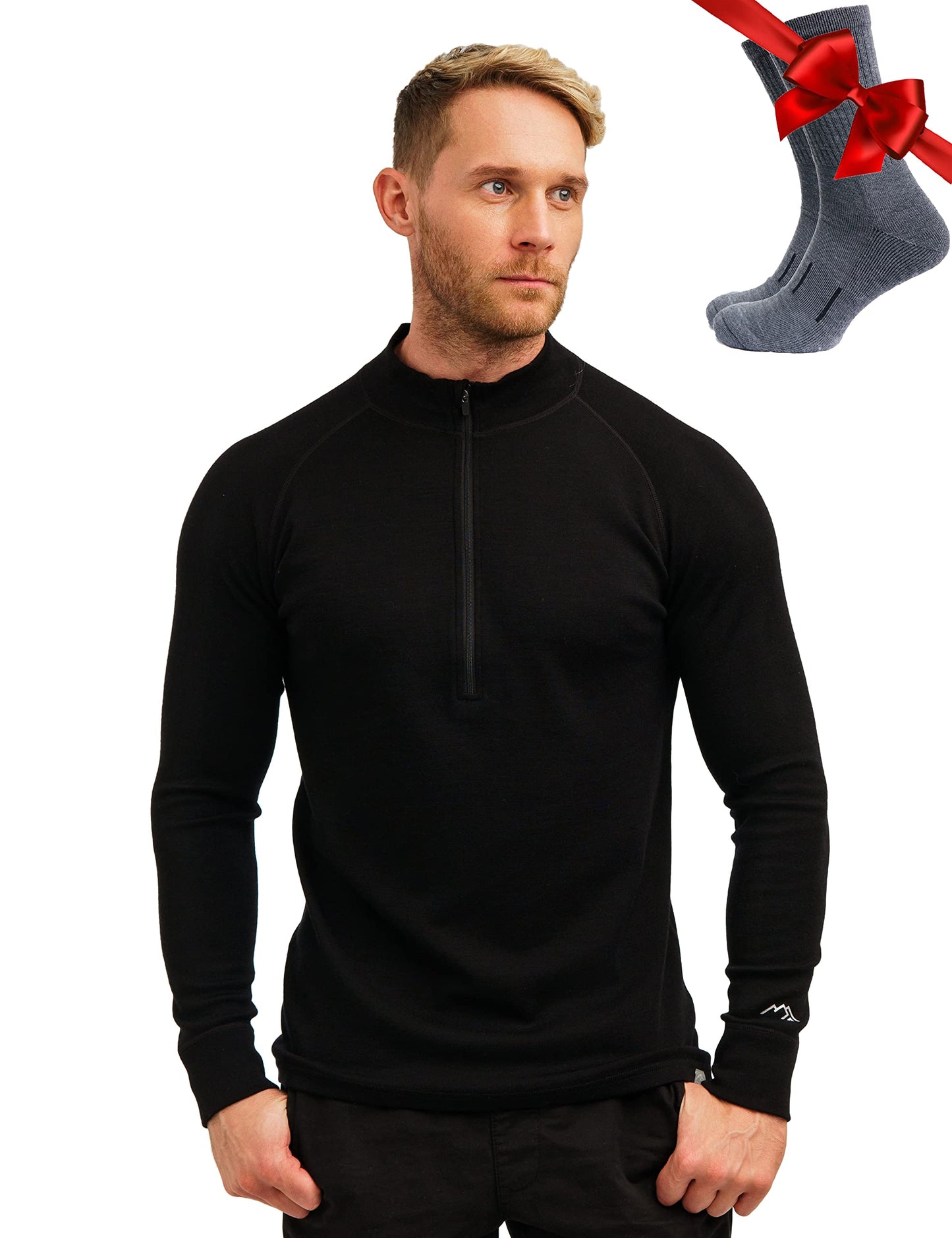 Merino Wool Base Layer Mens - Wool Half Zip Sweater Men - Merino Quarter Zip Sweater Lite, Midweight, Heavyweight and Socks (Large, 250 Black)