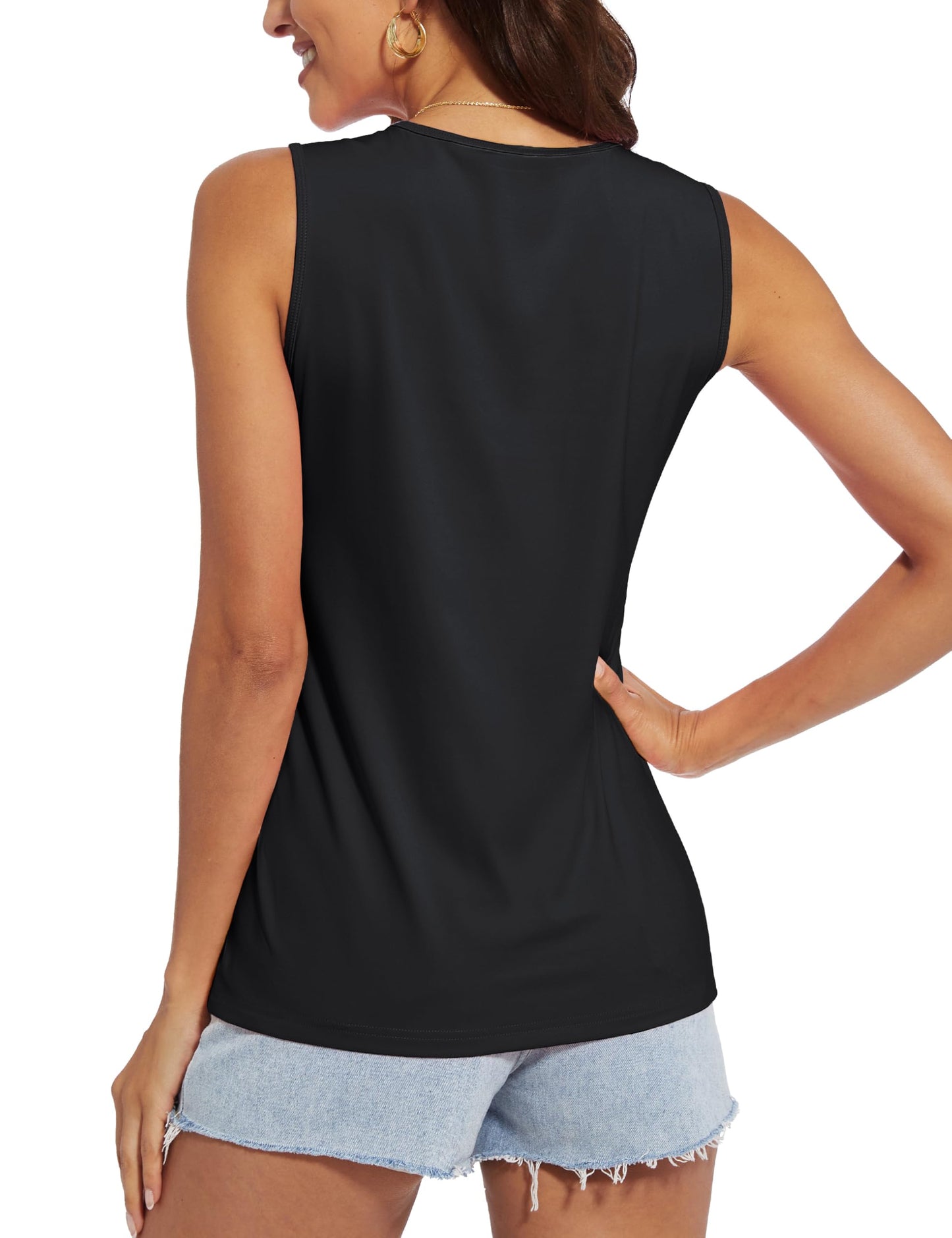 MAGCOMSEN Women's Summer Sleeveless Crewneck Undershirts Dry Fit Workout Athletic Gym Wicking Tank Top UPF 80+ Black, M
