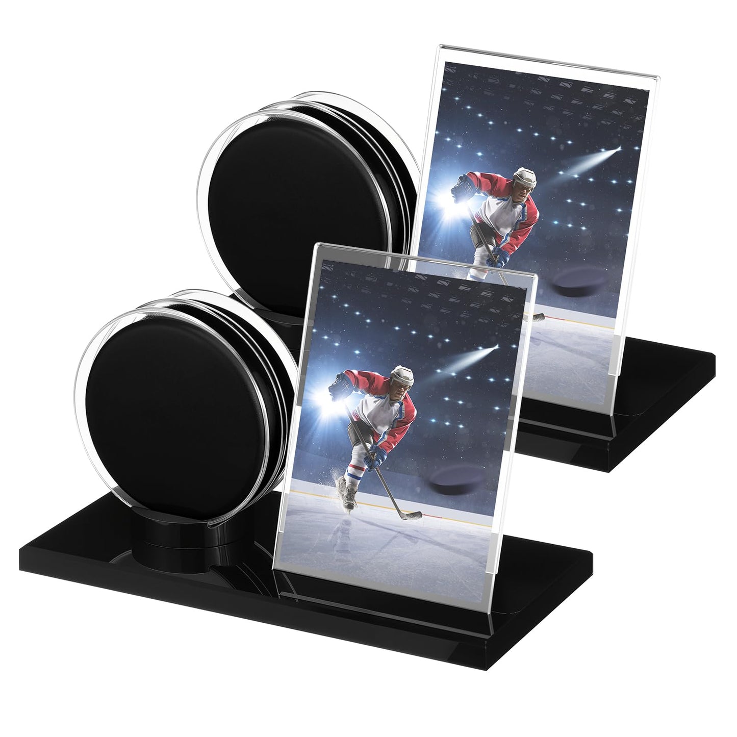Yuntau 2 Sets Hockey Puck Display Case Acrylic Clear Hockey Puck and Card Display Holder with Black Base Showcase for Your Collection Souvenir Memorabilia Holder Stand