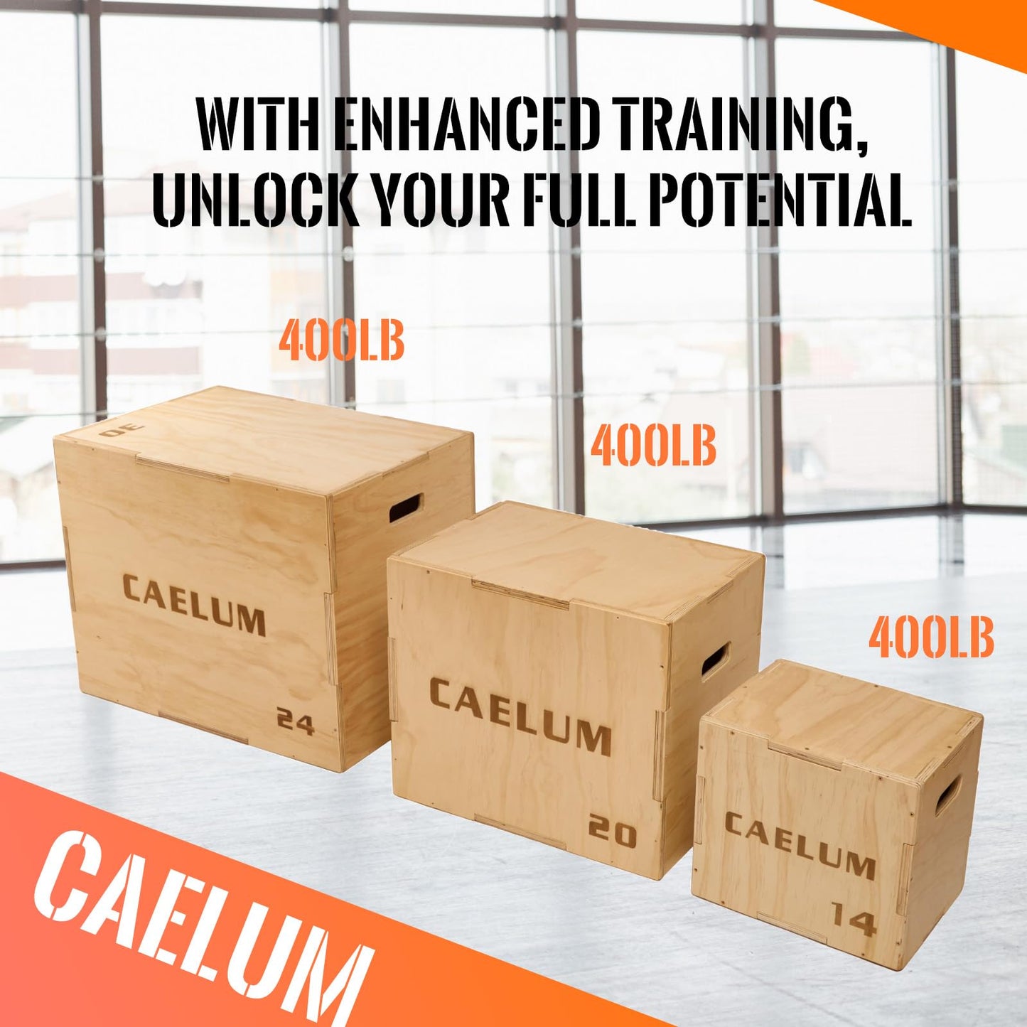 CAELUM 3-in-1 Wood Plyo Box - Non-Slip Plyometric Jump Box for Home & Gym, 400lbs Bearing Fitness Launch Box for Jumping Squats Step-ups Strength Training (‎16" x 14" x 12")