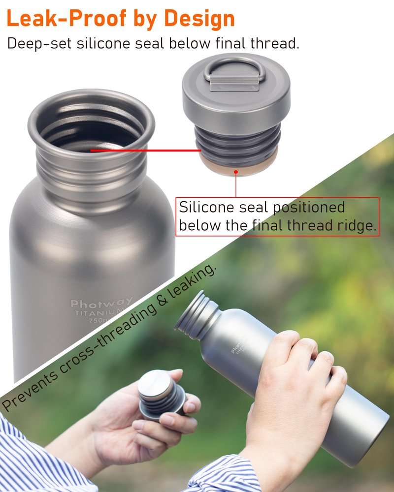 photway 25oz Titanium Water Bottle, Ultralight Single Wall Titanium Flask for Boiling Water, Leakproof Sports Bottle for Camping, Hiking, Cycling & Outdoor Use