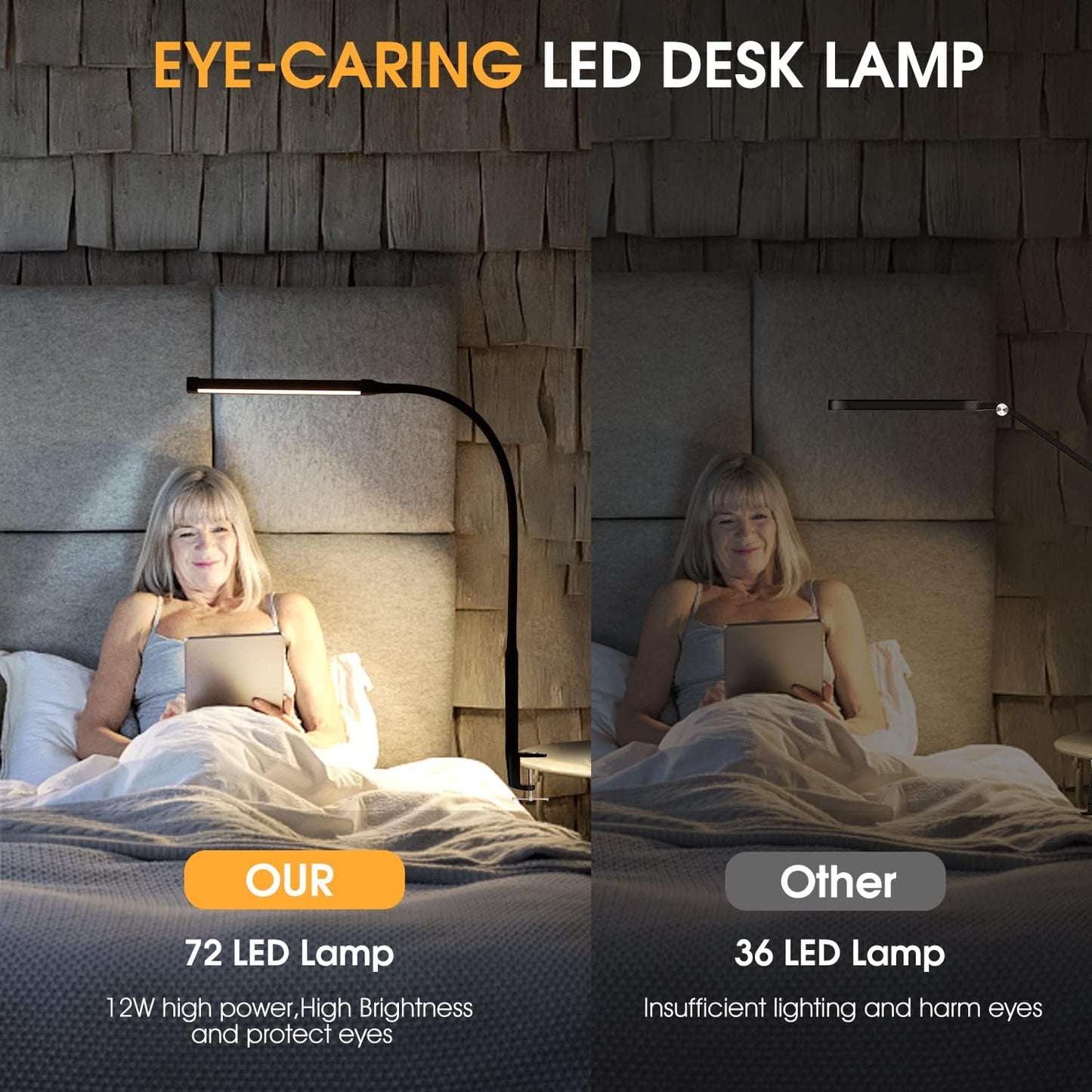 LED Desk Lamp with Clamp - Eye-Caring Clip-On Light for Home Office | 3 Modes, 10 Brightness Levels, Flexible Goose-Neck, Metal, Black