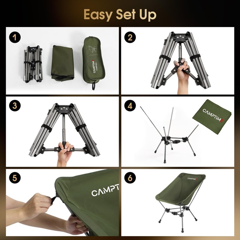 Camptime Portable Camping Chair, Lightweight Compact Backpacking Chair with Side Pocket, Wide Seat Folding Chair for Camping, Hiking, Beach - Supports 330Lbs, Black