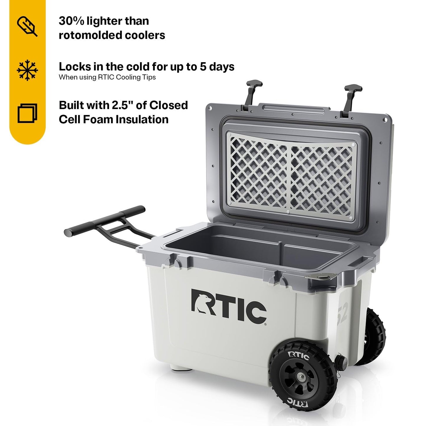 RTIC 52 Quart Ultra-Light Wheeled Hard Cooler Insulated Portable Ice Chest Box for Beach, Drink, Beverage, Camping, Picnic, Fishing, Boat, 30% Lighter Than Rotomolded Coolers, White & Grey