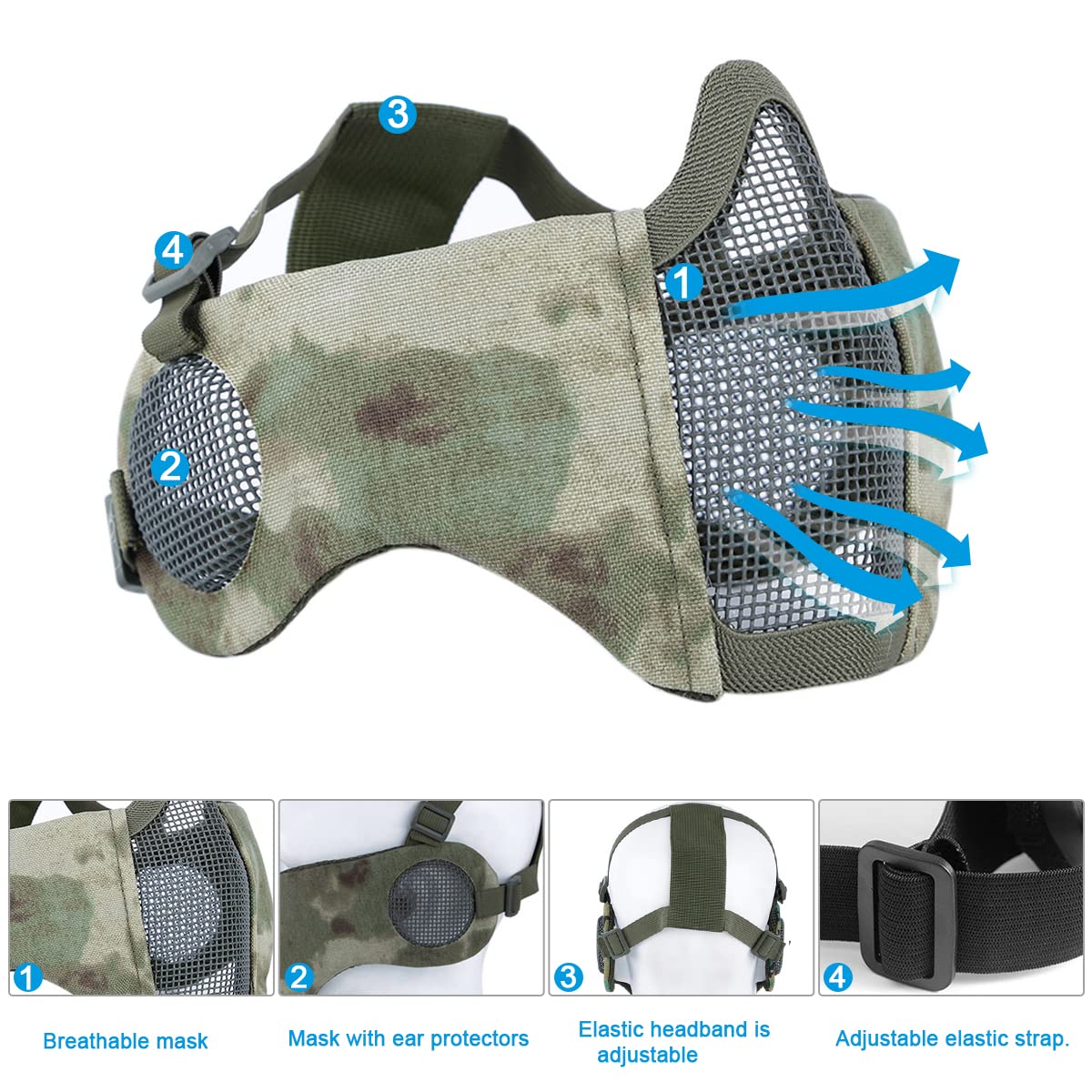 Yzpacc Airsoft Mask with Goggles, Foldable Half Face Airsoft Mesh Mask with Ear Protection for Paintball Shooting Cosplay CS Game