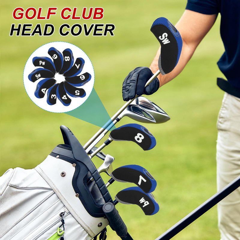 PATIKIL Golf Club Head Cover, 10 Pcs Number Golf Club Irons Covers Neoprene Driver Headcover Golf Lovers Gifts for Men Women, Black/Navy Blue