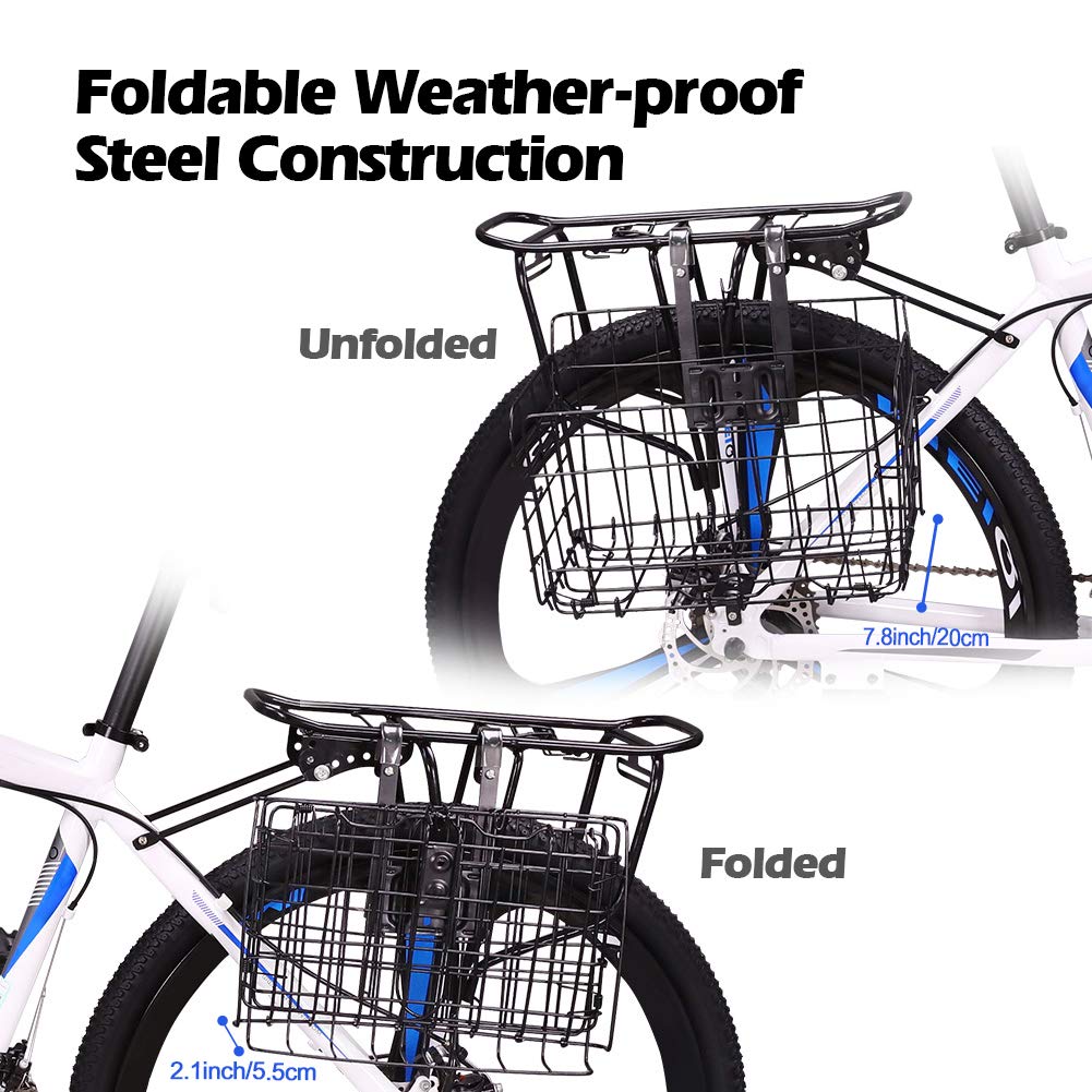 Wiel Bike Basket with Black Liner Rainproof Cover, Folding Steel Bicycle Basket Easy Install to Front Handlebar or Rear Rack, Heavy-Duty Metal Wire Bearing 33 lbs for Commuter Grocery Shopping Picnic