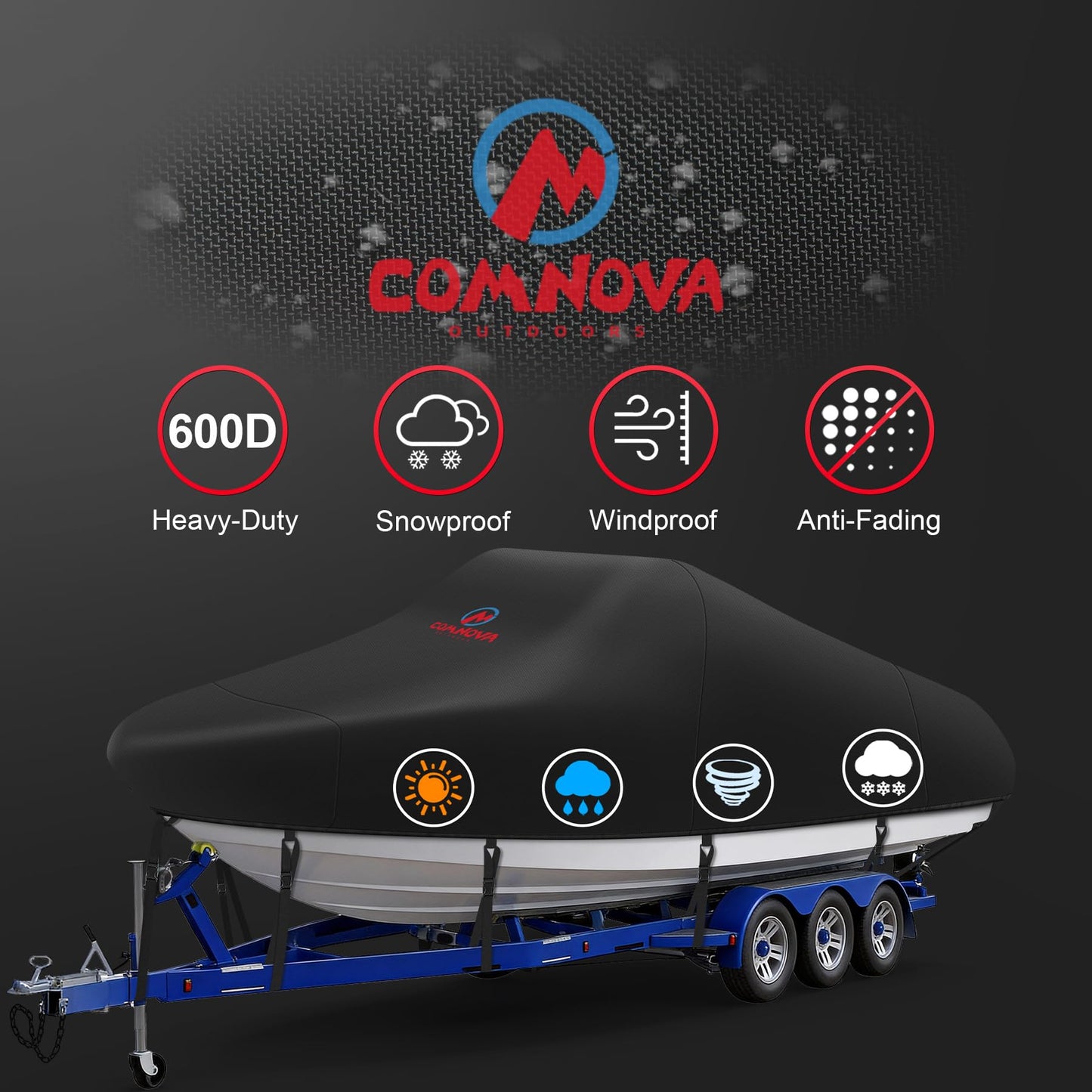 Comnova Boat Cover 16-18.5 FT - Marine Grade Trailerable Boat Cover Heavy Duty & Waterproof - Fit 16 to 18.5ft V-Hull, Tri-Hull, Fishing Boats, Runabout, Bowrider, Fish & Ski and Pro-Style Bass Boats